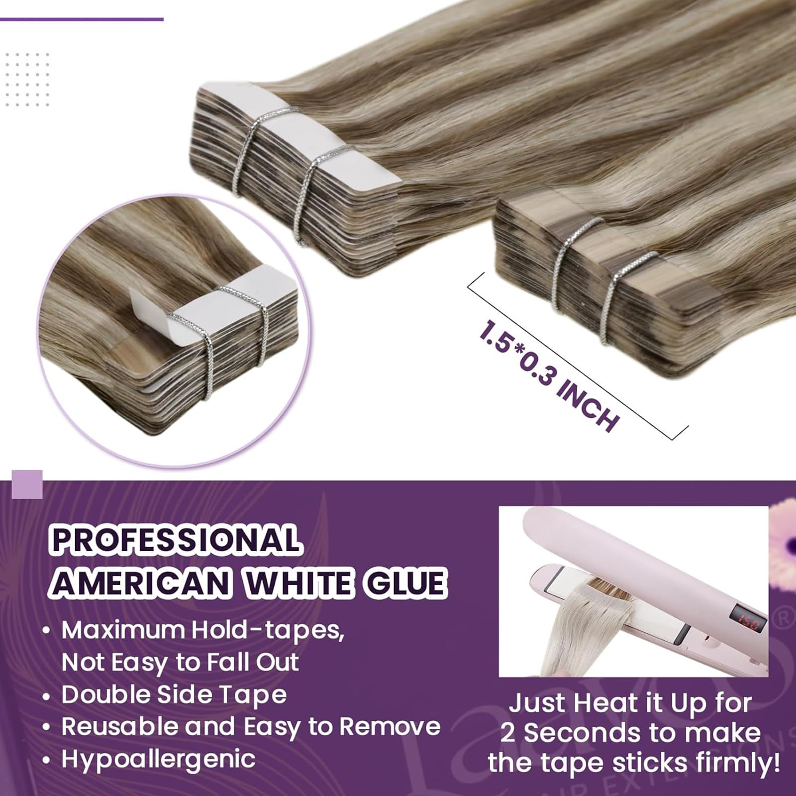LaaVoo Tape in Hair Extensions Human Hair Blonde Tape Hair Extensions Real Human Hair Invisible Tapes Remy Straight Highlight Light Brown Hair Double Sided Tabs 20pcs 50g 18 Inch #p8/24 - Image 3