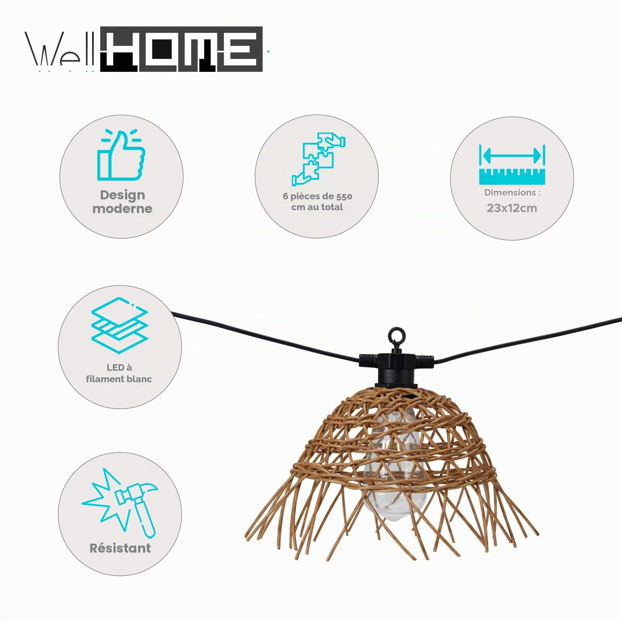 Well Home Lot de 6 guirlandes lumineuses en rotin avec ampoules LED à filament blanc chaud