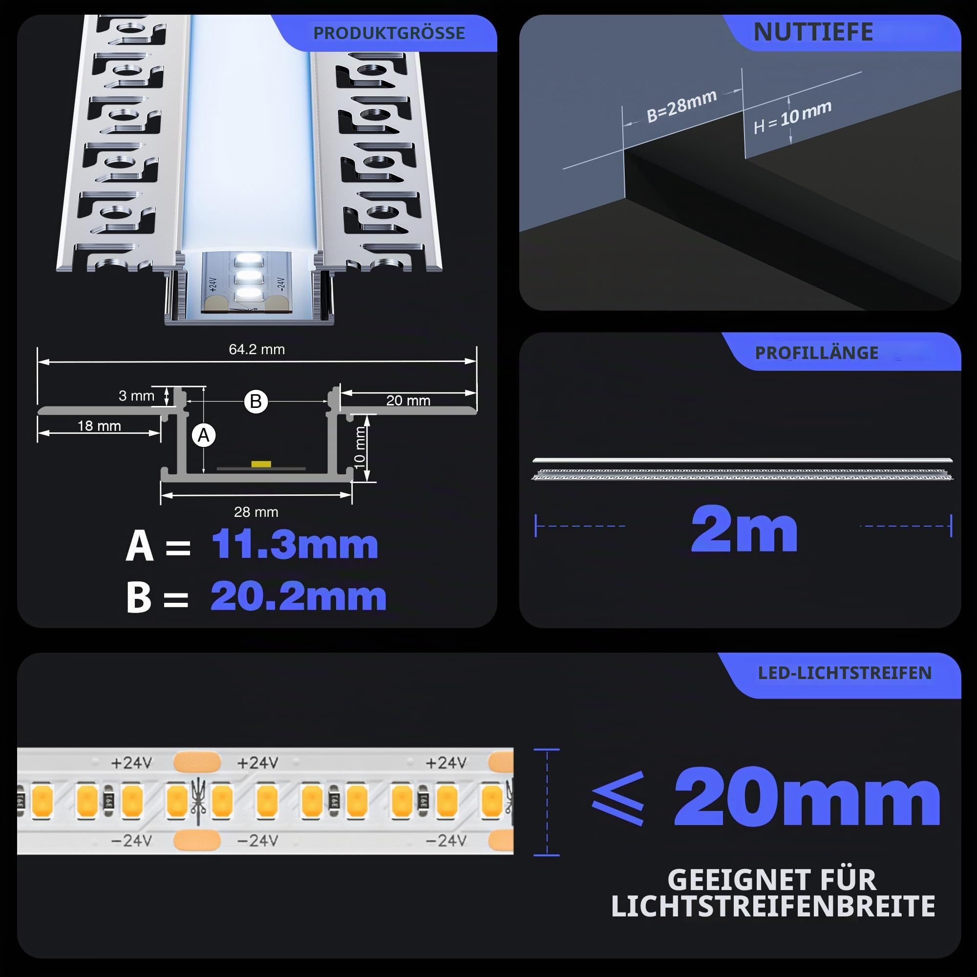 LED Profil 2 m für LED - Streifen 5 Stück Trockenbauprofil (Lamellen 64mm) Geeignet für alle Streifen bis 20mm Mit milchweißer PC-Abdeckung