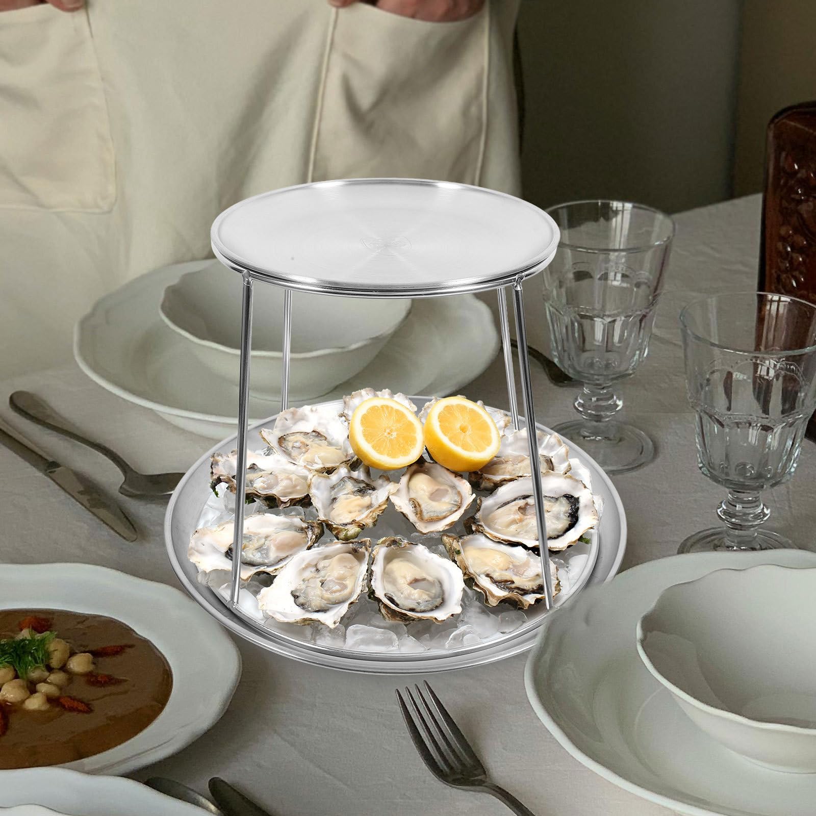 Abaodam Bandeja de Acero Inoxidable para Servir Mariscos Doble Capa, Soporte Resistente y Diseño Moderno para Bodas y Fiestas