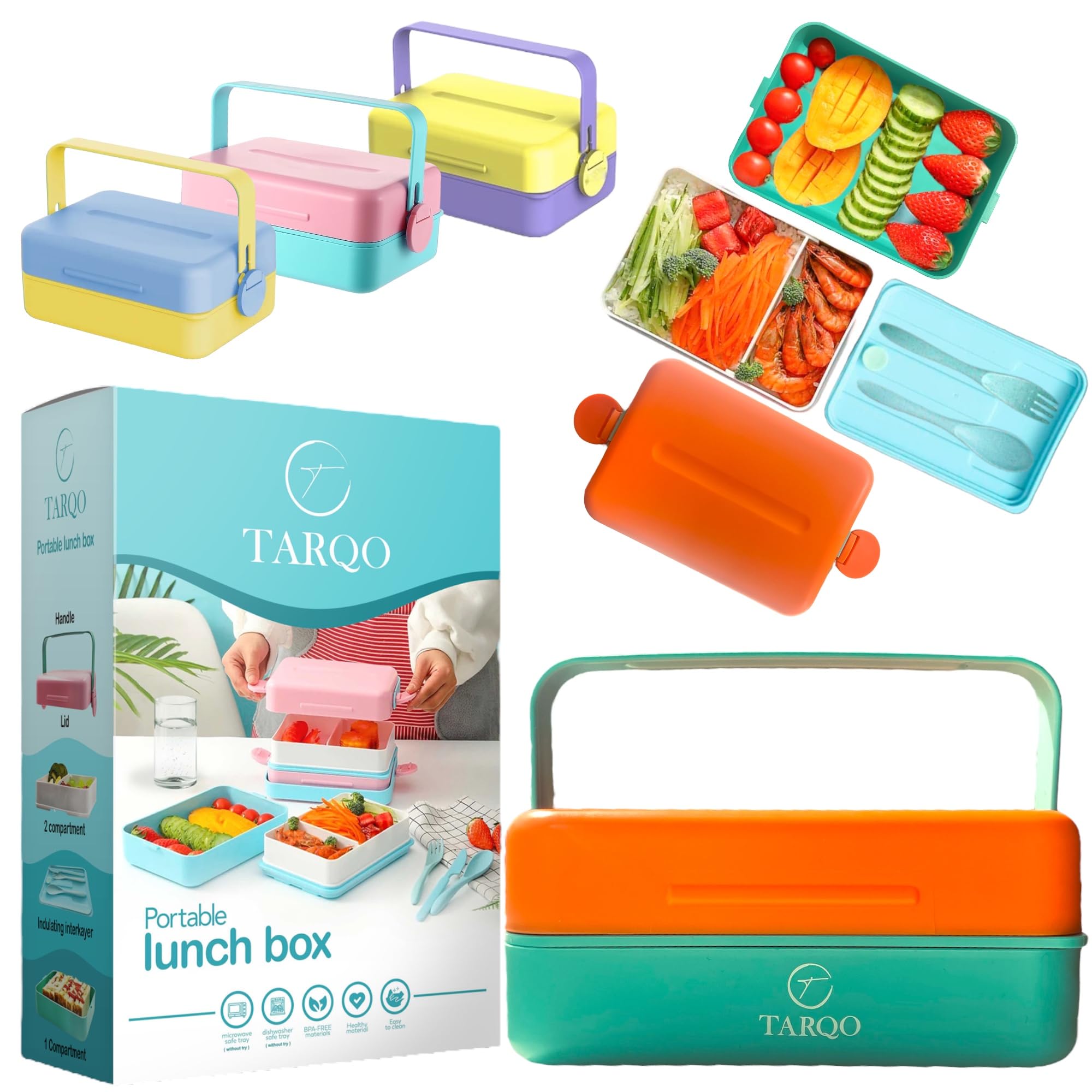 Tarqo kids & Adults Lunch box, Bento lunch box for school,office BPA Free, Leakproof Tiffin box compartments with Lids, insulated Lunch box, Easy to clean and open (Green)