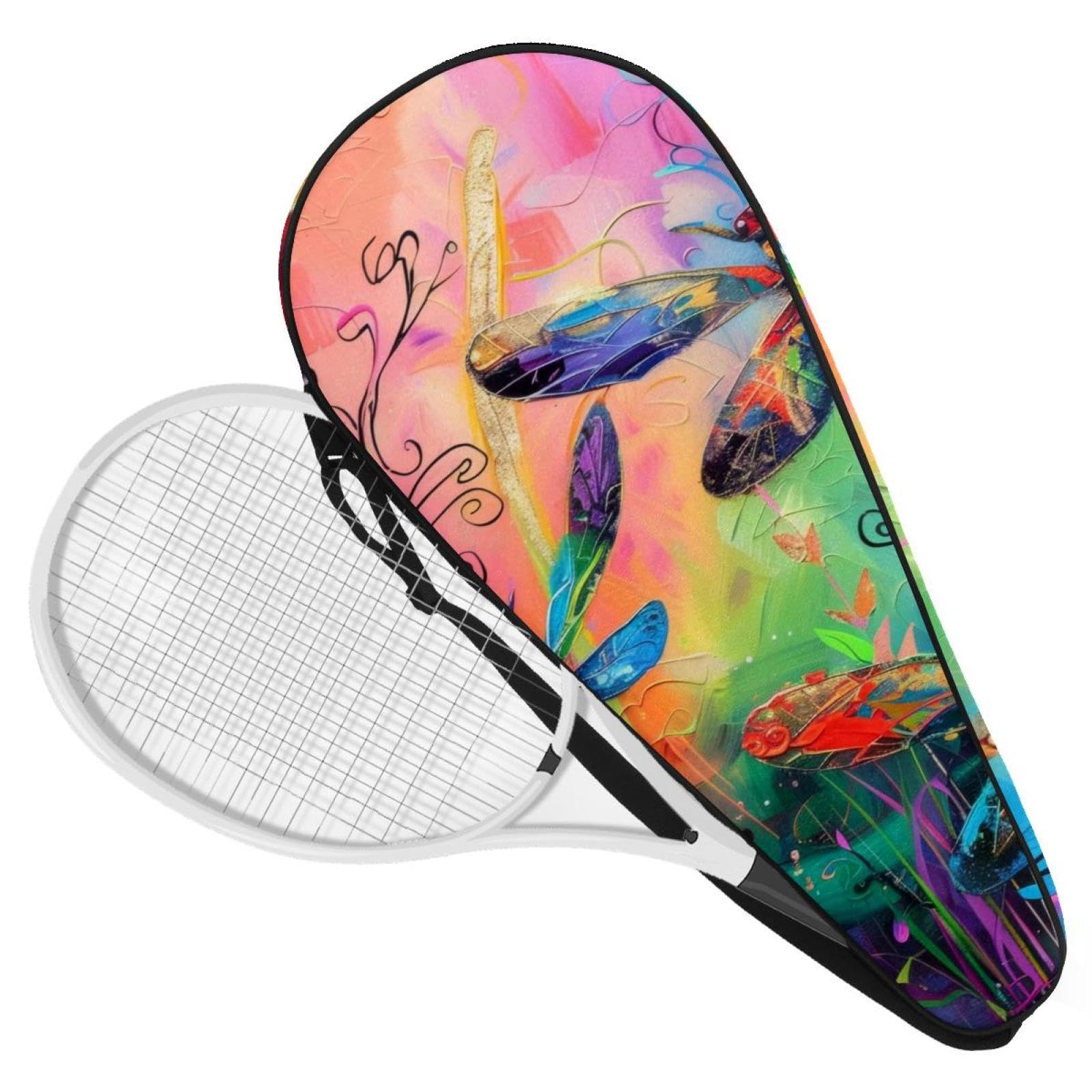 Borsa leggera con libellule colorate su sfondo nero per racchette da tennis, con tracolla regolabile