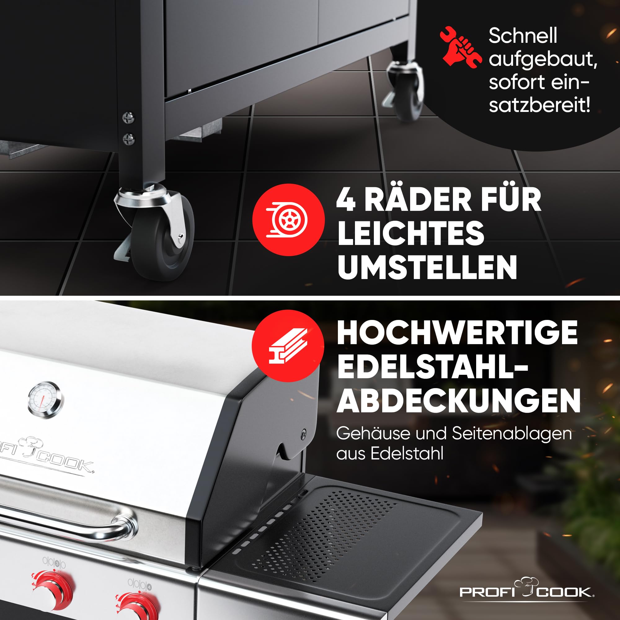 ProfiCook® Gas-grill für Temperaturen bis zu 450°C | 2 Power-Zonen | Roste aus echtem Gusseisen | Gasgrill 4 Brenner | Temperaturanzeige | Flaschenöffner | 4 Brenner | Gasgrill Balkon | PC GG 1311