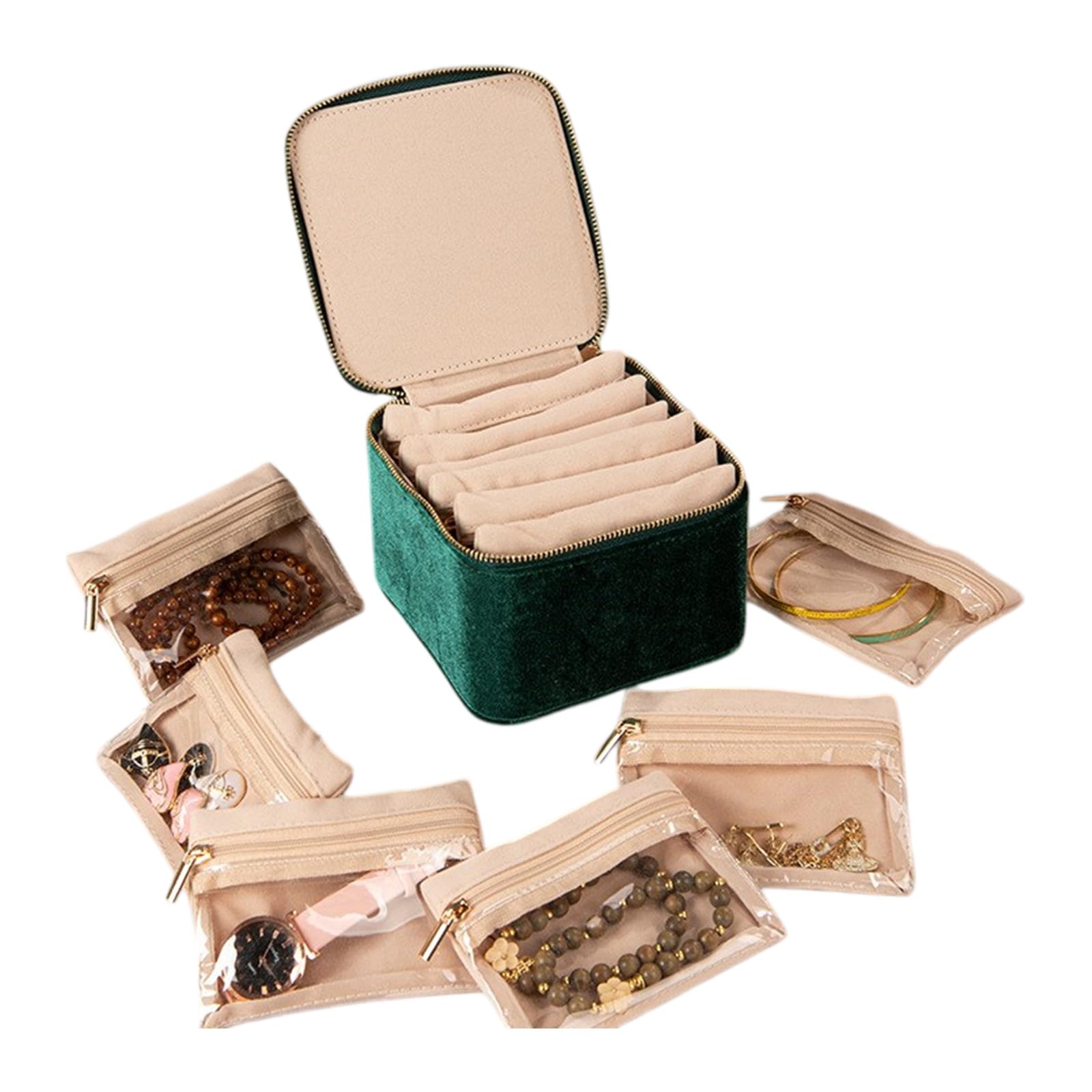 BWANGIAO Velvets Jewelry Organiser With 6 Transparency Pouches Storage Box For Necklaces Bracelets Rings Earrings And Brooches