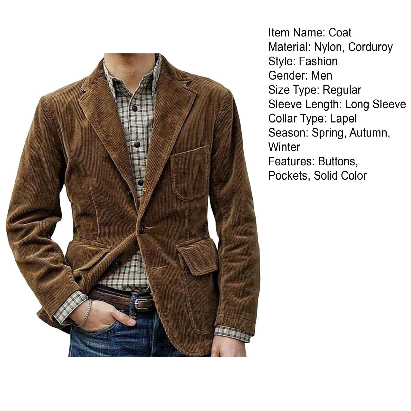 Chaqueta de hombre Abrigo de manga larga con solapa bolsillos de un solo pecho otoño invierno pana solapa traje de oficina chaqueta