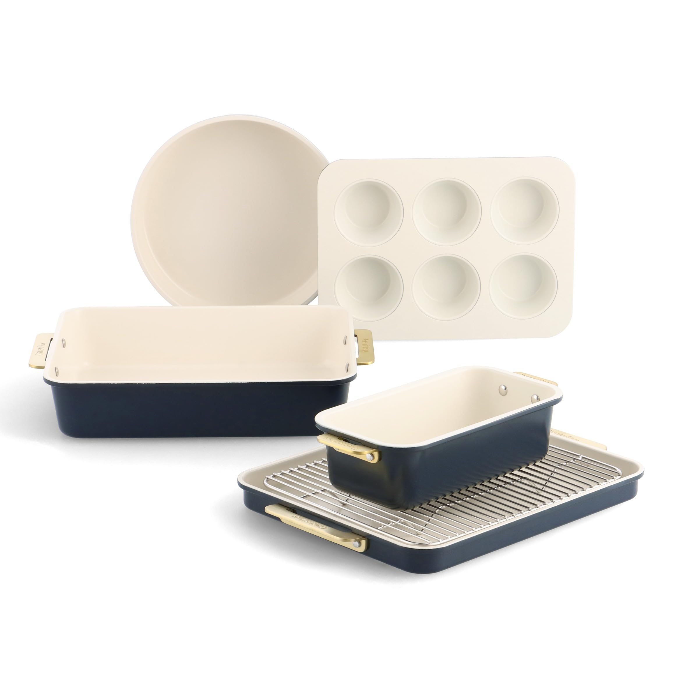 GreenPan Reserve Backform-Set, 6-teilig, antihaftbeschichtet, Keramik, goldener Griff, Backbleche, Kuchenformen, Kastenform, Muffinform, Abkühlgitter, PFAS-frei, Ofenfest bis 240 °C, Oxford Blue