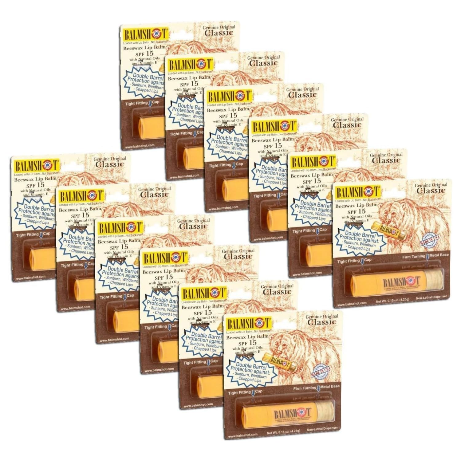 BALMSHOT Classic Natural Lip Balm SPF 15 12-Pack Beeswax Chapstick with Natural Oils Vitamin E 20-Gauge Shotgun Shell