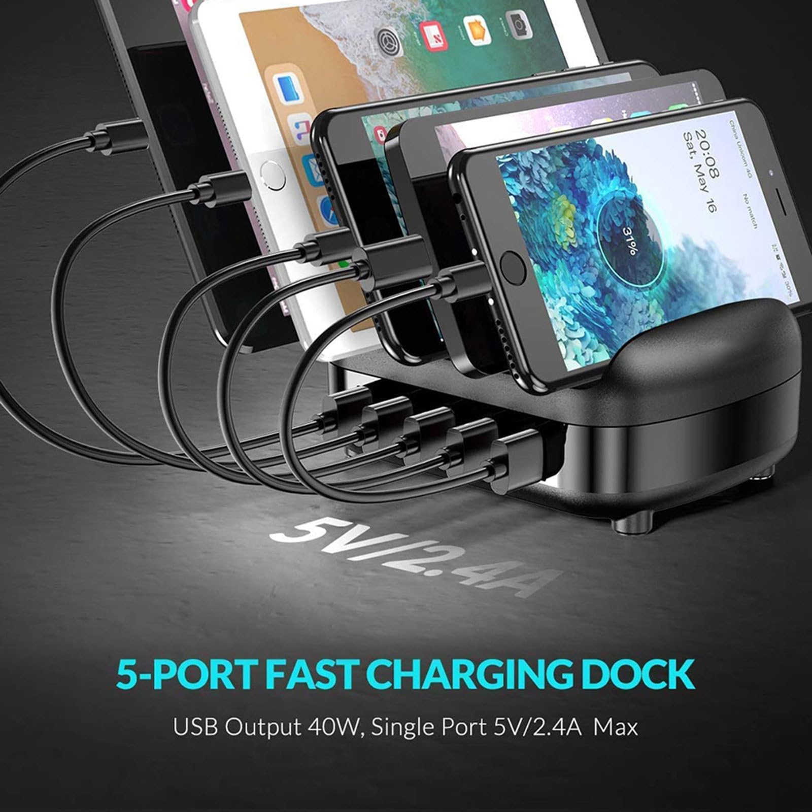 Caricatore USB a 5 porte Slot per presa USB-A multipla Stazione dock di ricarica rapida Adattatore di alimentazione multi USB con supporto,White