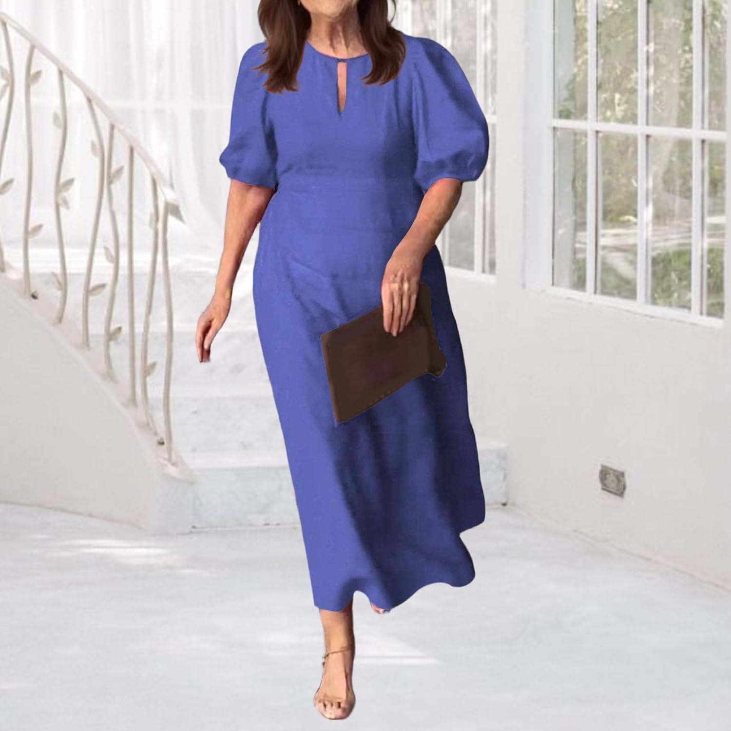 Women's Short Sleeve Maxi Dress Flowy Crew Neck Button Solid Lightweight Dresses Summer 2026