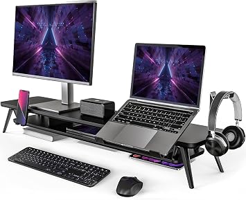 Fenge Dual Monitor Stand, Monitor Riser for 2 Monitors with Adjustable Laptop Riser , 42.5 Inch Desk Shelf for Top of Desk with Phone Holder& Headphone Stand