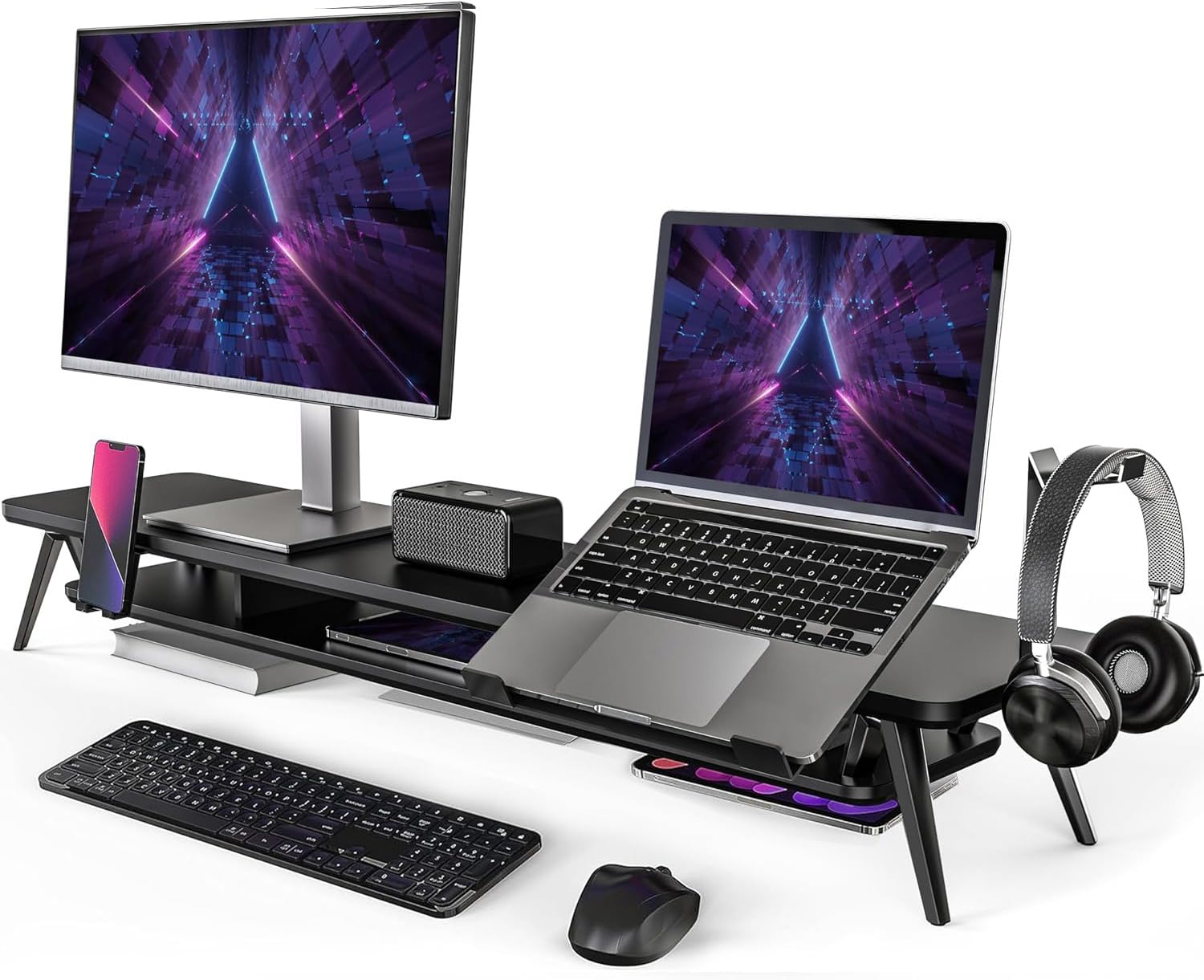 Dual Monitor Stand, Monitor Riser for 2 Monitors with Adjustable Laptop Riser , 42.5 Inch Desk Shelf for Top of Desk with Phone Holder& Headphone Stand