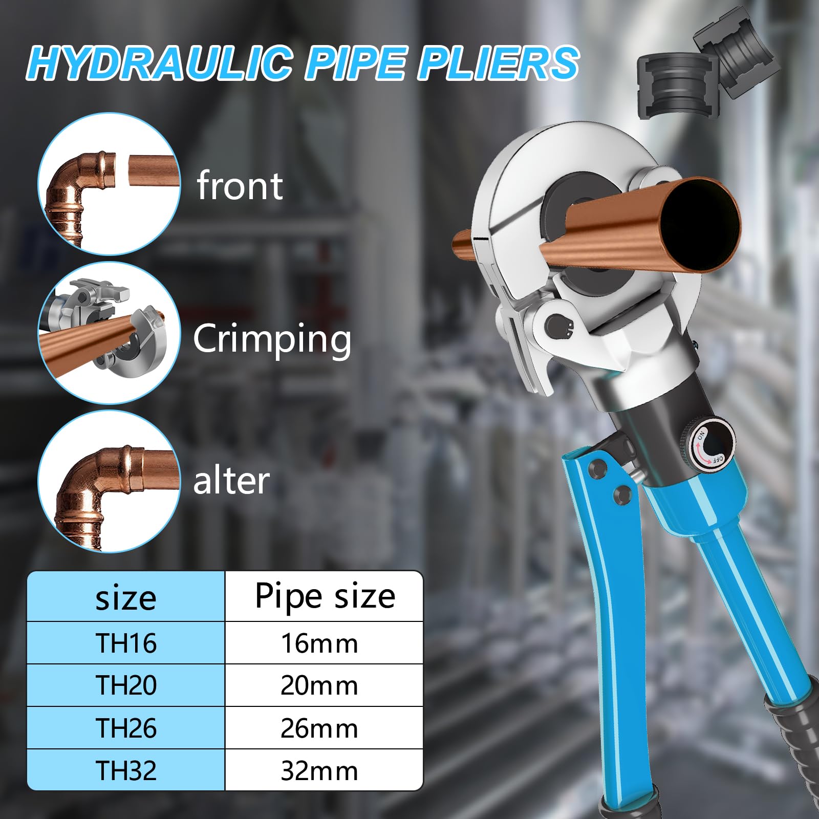 Professionelle Presszange & mehrschichtige Presse, Presszange für Rohre mit 4 Pressbacken, 360° drehbarer Kopf, TH-Profil 16/20/26/32 mm