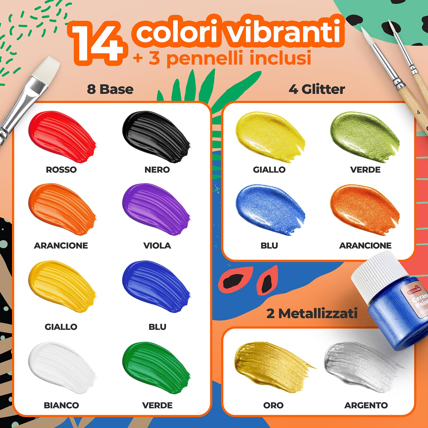 colozoo Vernice per Vetro e Porcellana Lavabile in Lavastoviglie - 14x20ml incl. Oro, Argento, 4 Colori Glitterati e 3 Pennelli - Set di Pittura per Ceramica Cancellabile