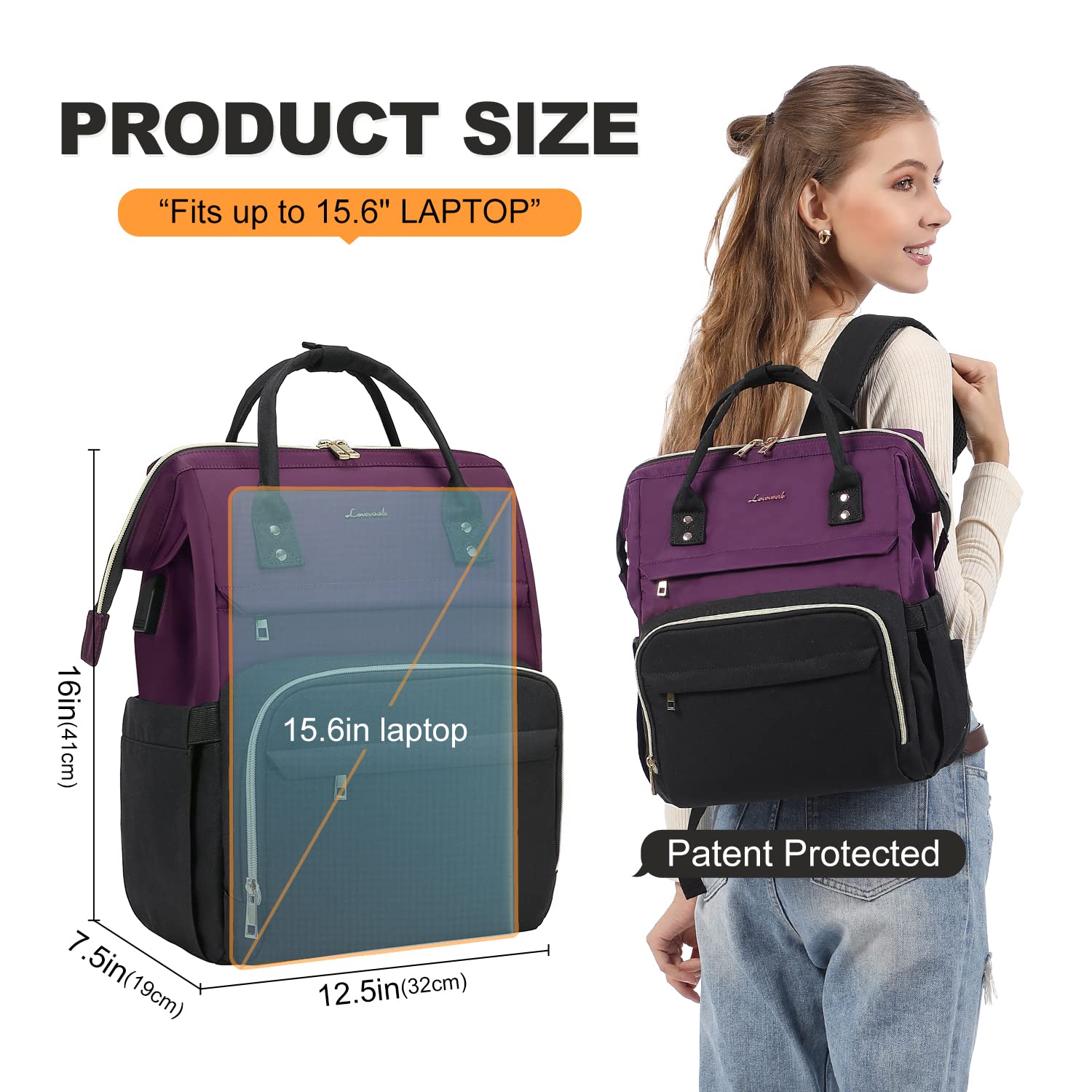LOVEVOOK Zaino Donna Zaino per PC Portatile 15.6 Pollici, Zaino Porta PC Impermeabile, Viola scuro e Nero