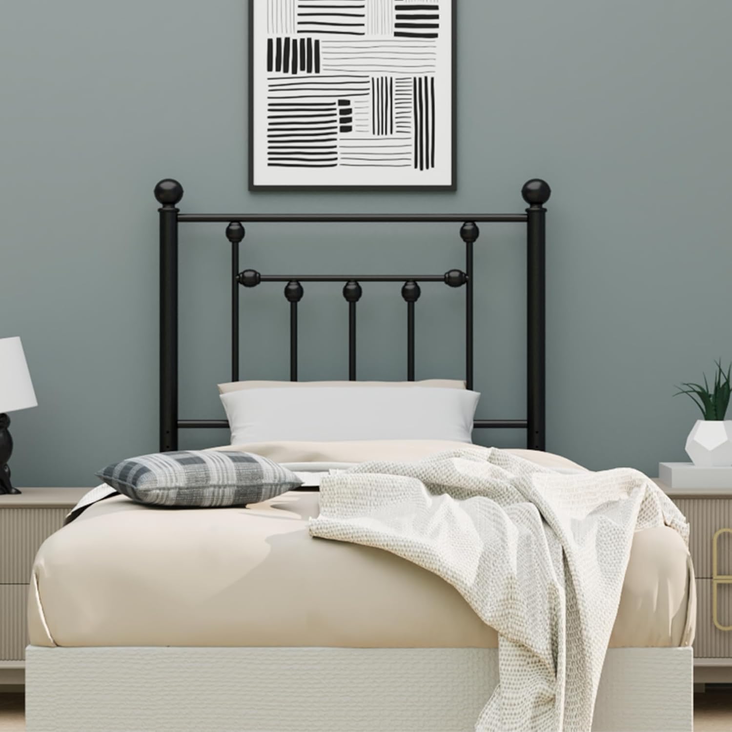 Victorian Twin Size Metal Bed Frame Height Adjustable Headboard Only, Wrought Iron Black Farmhouse Bed Frame Headboard, Easy Assembly, Short Clearance, Tall or Low Setting