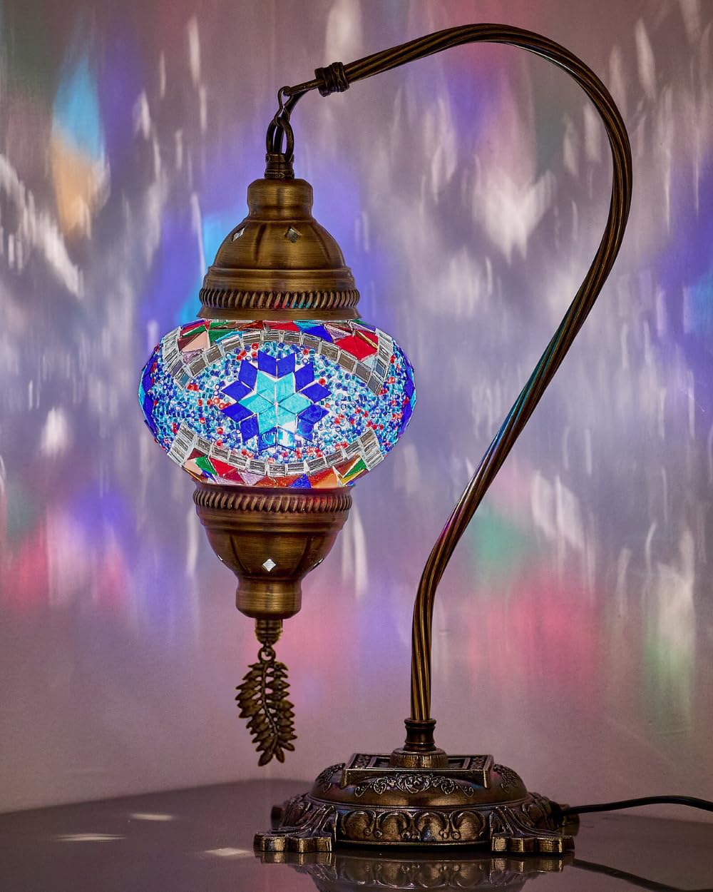DEMMEX Turkish Moroccan Mosaic Table Lamp–Handcrafted Tiffany-Style Colorful Glass Swan Neck Bedside, Desk Light, Boho Artisan Accent Lighting for Bedroom, Living Room–38cm H, Multi&Blue