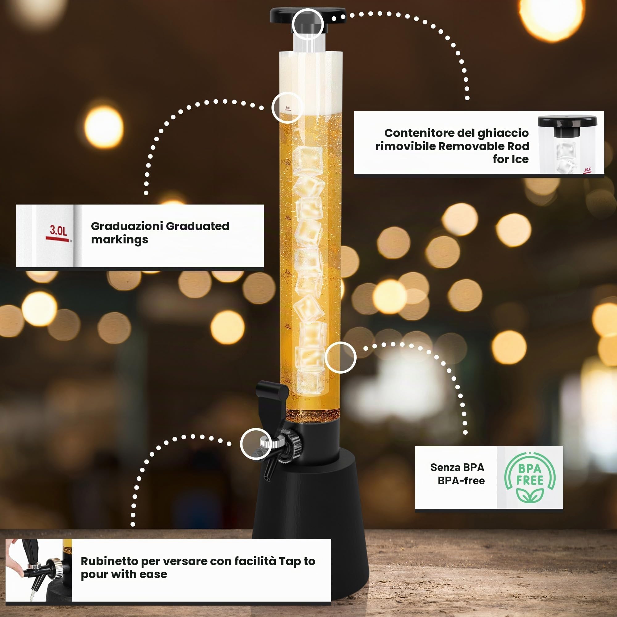Jago® Distributore di Birra - Set da 3, capacità Massima 3,5 l, Altezza 90 cm, con Rubinetto e Tubo di Ghiaccio, in Plastica Senza BPA - Spillatore, Dispenser, Giraffa, Torre, Bevande