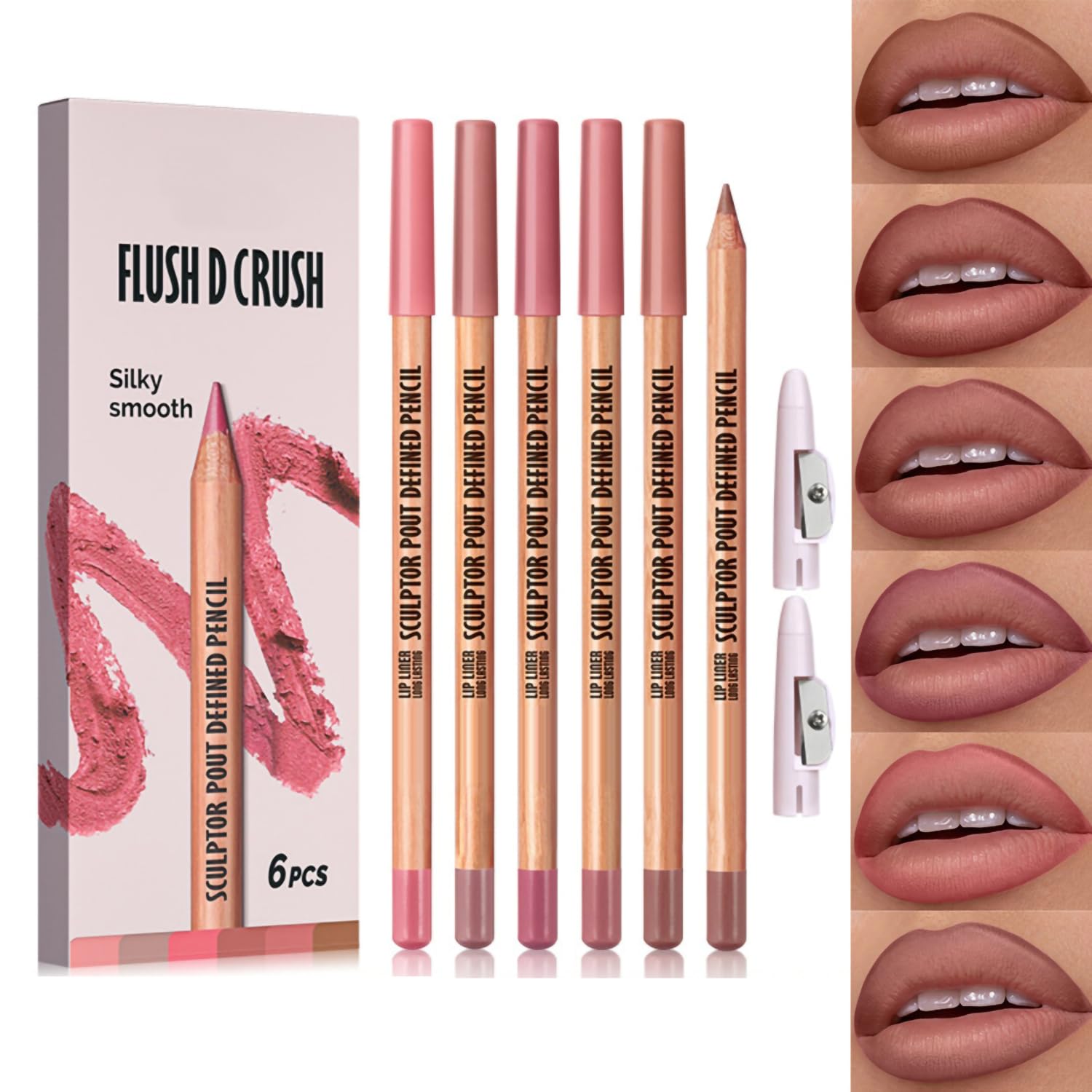MOONGAZE 6-farbiges samtmattes Lippenkonturen-Set mit 2 Spitzern, hochpigmentierte, wasserfeste Cremestifte zum Definieren und Füllen, langanhaltende, nicht verschmierende, natürliche Rosenrottöne
