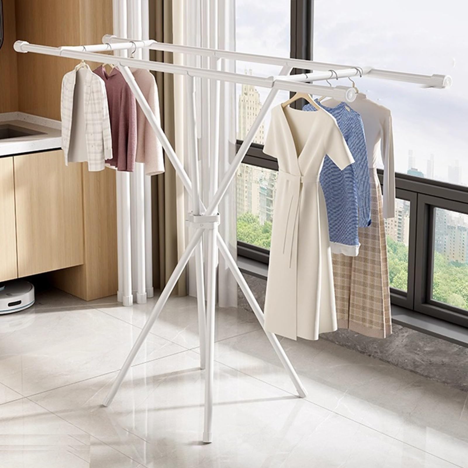 Yaohy White Foldable Clothing Rack, Multifunctional Expandable Rack For Hanging Clothes, Space-Saving Clothes Rack For Balcony Indoor Laundry Drying(,Two Crossbeams)
