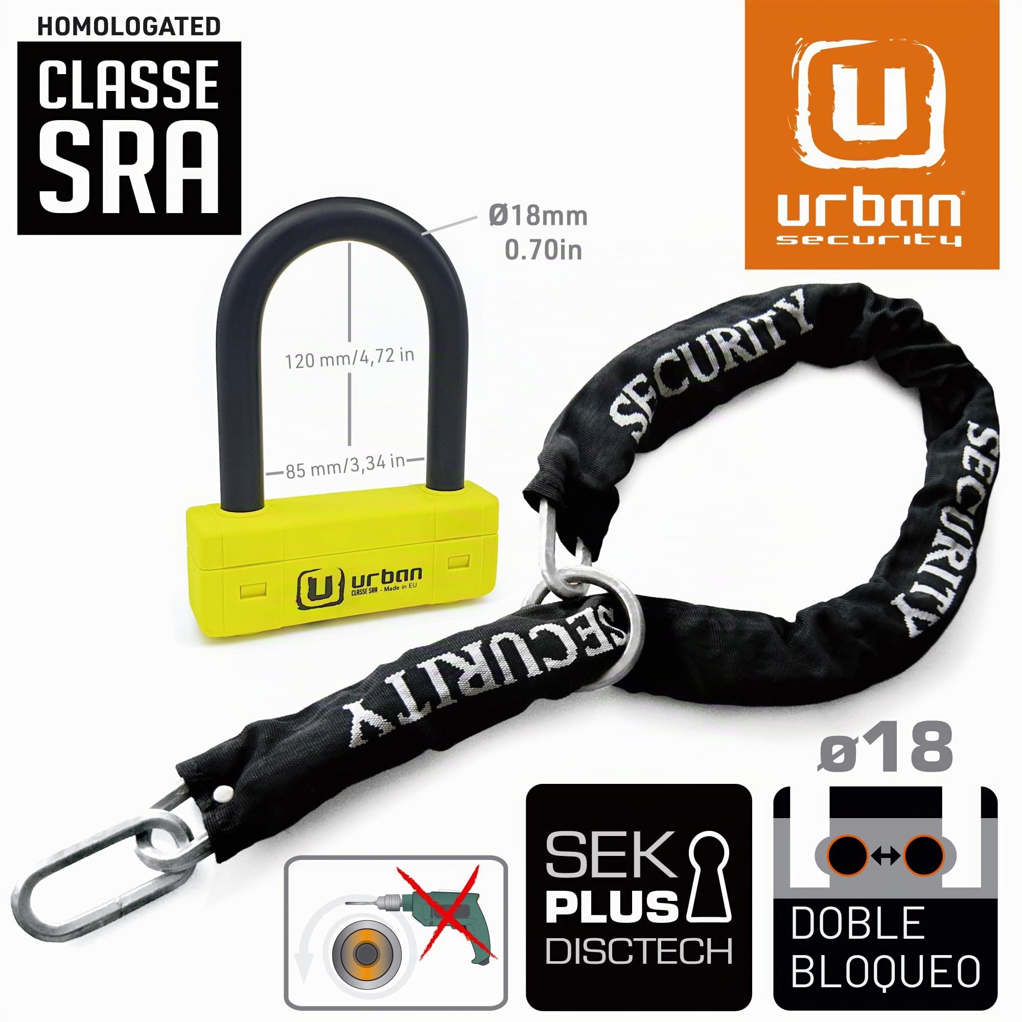 URBAN UR85120Y+10.120L Candado Moto U Homologado SRA + Cadena Acero Endurecido 120cm Más Largo con Sistema Lazo, Horquilla Acero Endurecido ø18mm, Máxima Seguridad Antirrobo Universal para Motocicleta