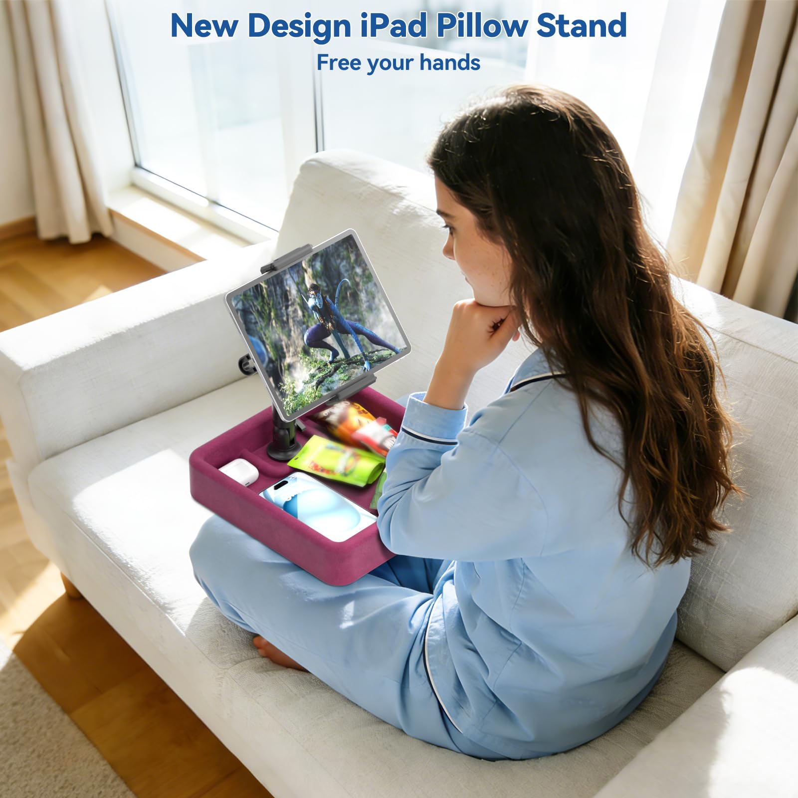 KDD Coussin Support Tablette - Porte iPad Réglable pour Genoux, Lit, Bureau - Support Kindle Pliable avec Plateau de Rangement, Compatible avec iPad Pro 12.9, Air, Mini, Téléphone, E-Reader, Violet