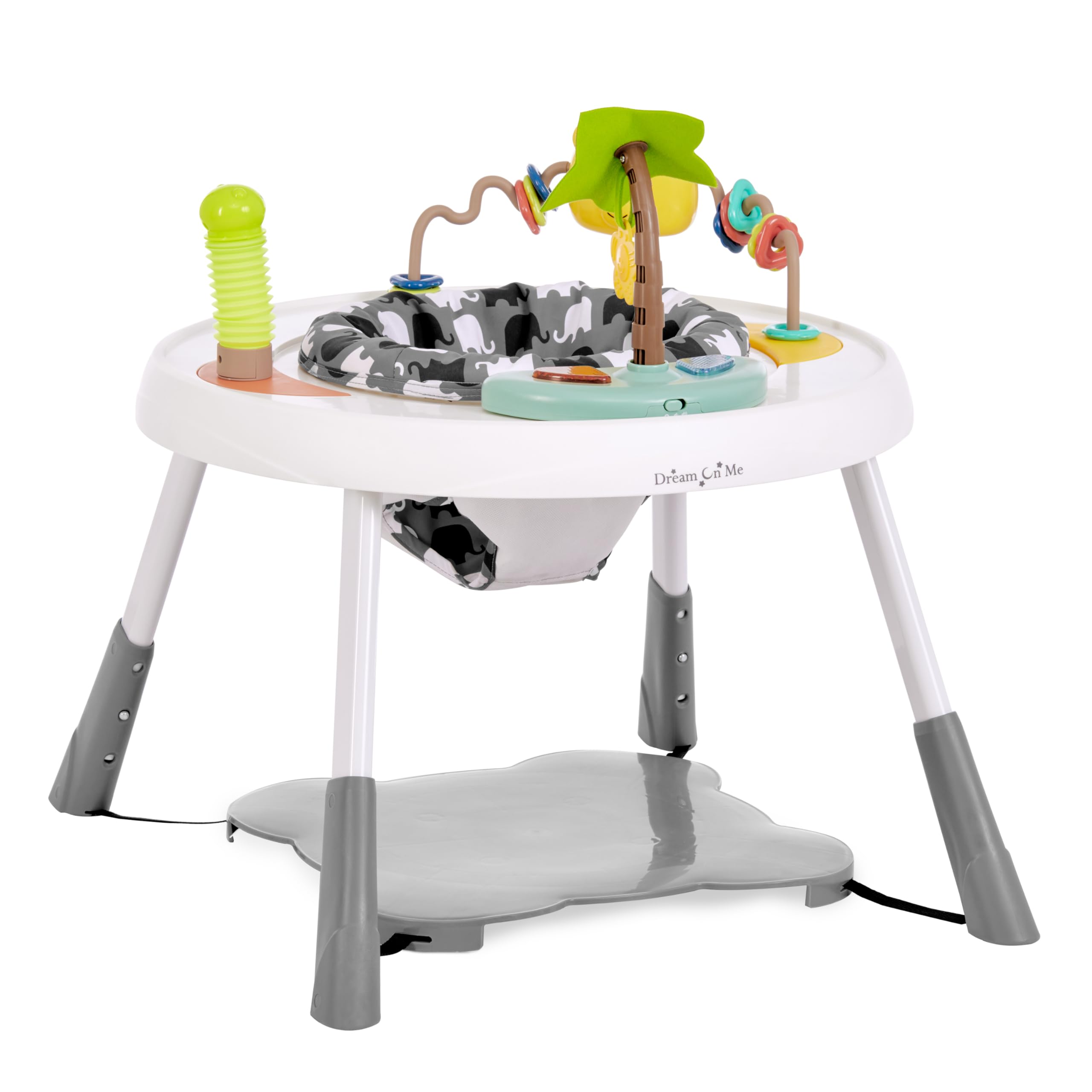 Centro de actividades para bebés Dream On Me Curio Sit N Seek en gris Centro de actividades 2 en 1 y mesa de juegos con 3 juguetes desmontables y música 3 posiciones de altura ajustables Centro de actividades para bebé
