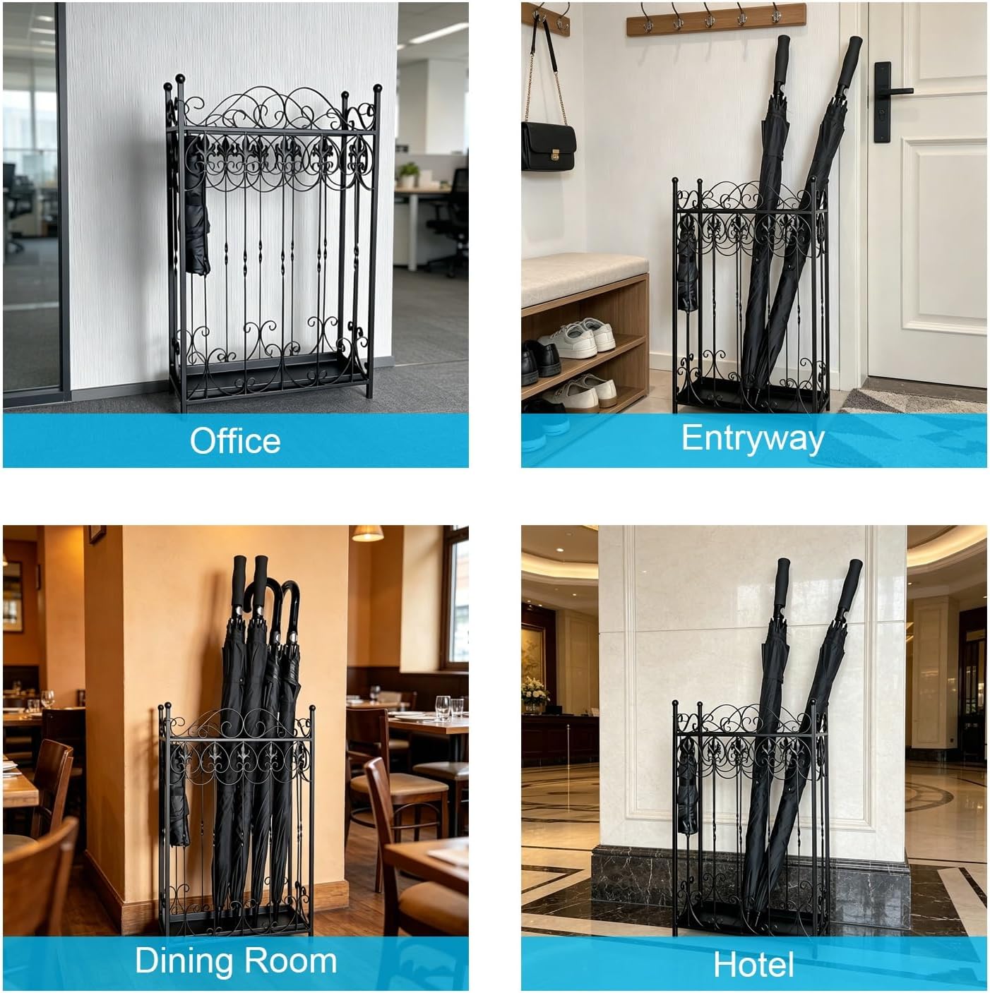 Large-Capacity Open Metal Umbrella Stand with Removable Drip Tray, Vintage Freestanding Umbrella Holder for Entryway, Home & Office