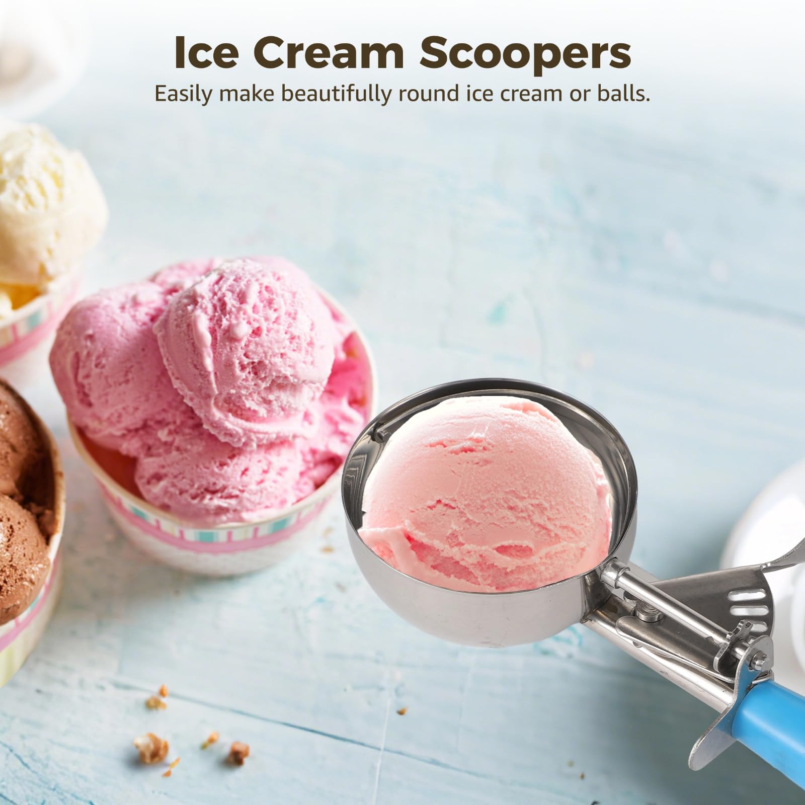 4 Pcs Ice Cream Scoopers, Stainless Steel Cookie Scoops with Squeezers, Cupcake Trigger Scoops, Colorful Design & Multi-Size for Cookies Balls Meatballs