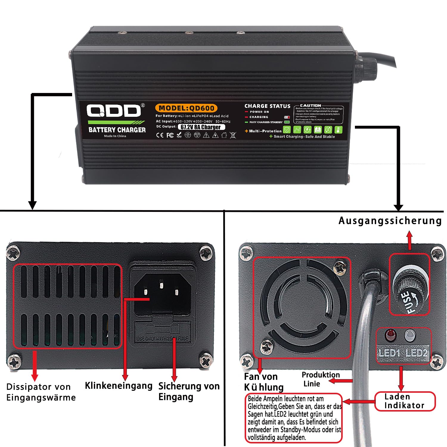 QDD 67,2 V 8 A batteria agli ioni di litio caricabatterie intelligente completo con ventola, utilizzato per batteria agli ioni di litio 16S 60 V, caricatore 60 V