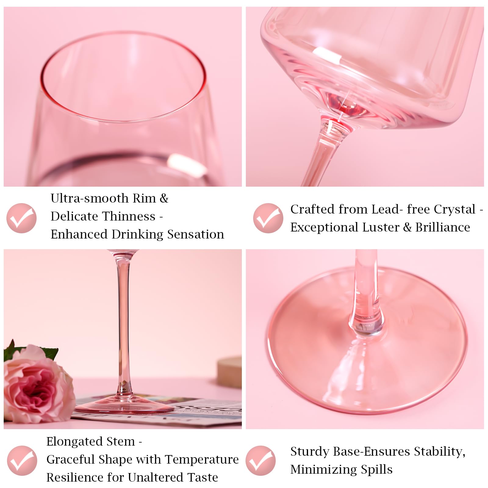 Physkoa Pink Wine Glasses Set of 6-14oz Hand Blown Crystal