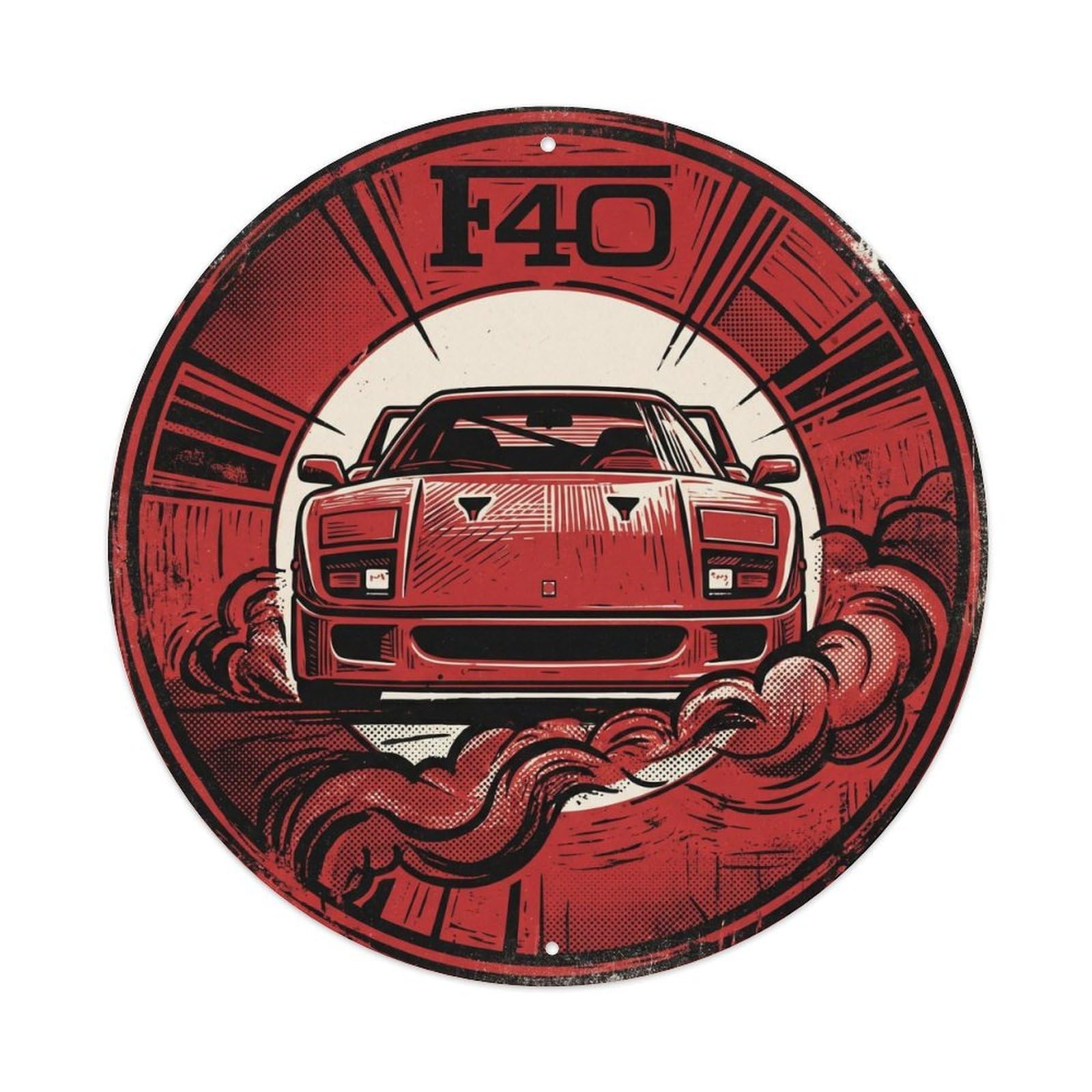 F40 Italian Supercar Classic Racing Motorsport Performance Metal Tin Sign Plaque Wall Decor for Cafe, Man Cave, Club Bar, Office, Home Garden Round Metal Poster 8x8Inch