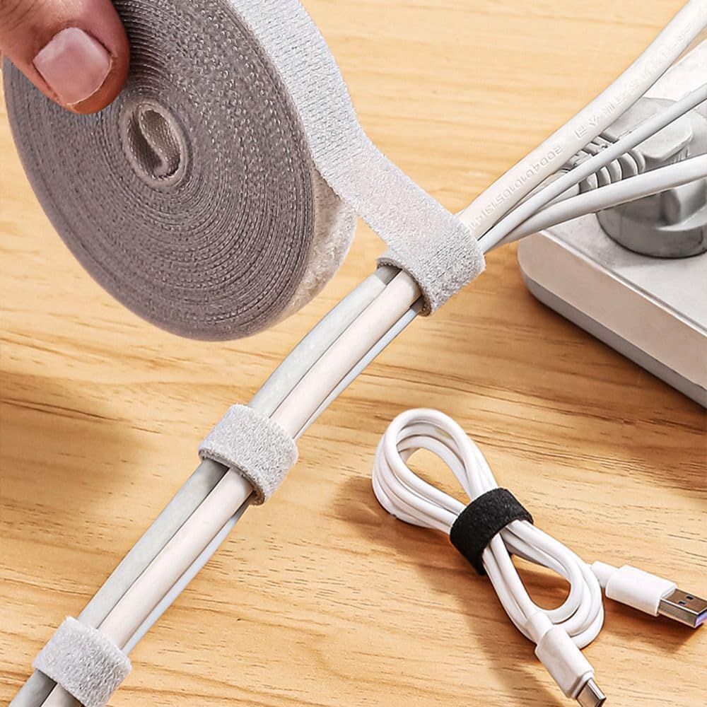 6Roll Reusable Cable Wrap Tape, Cable Organizer, Cord Wrap and Hook Loop Wire & Cable Management | Fastening Double Sided Velcro Tape for Office Desk, TV Units &Home Management