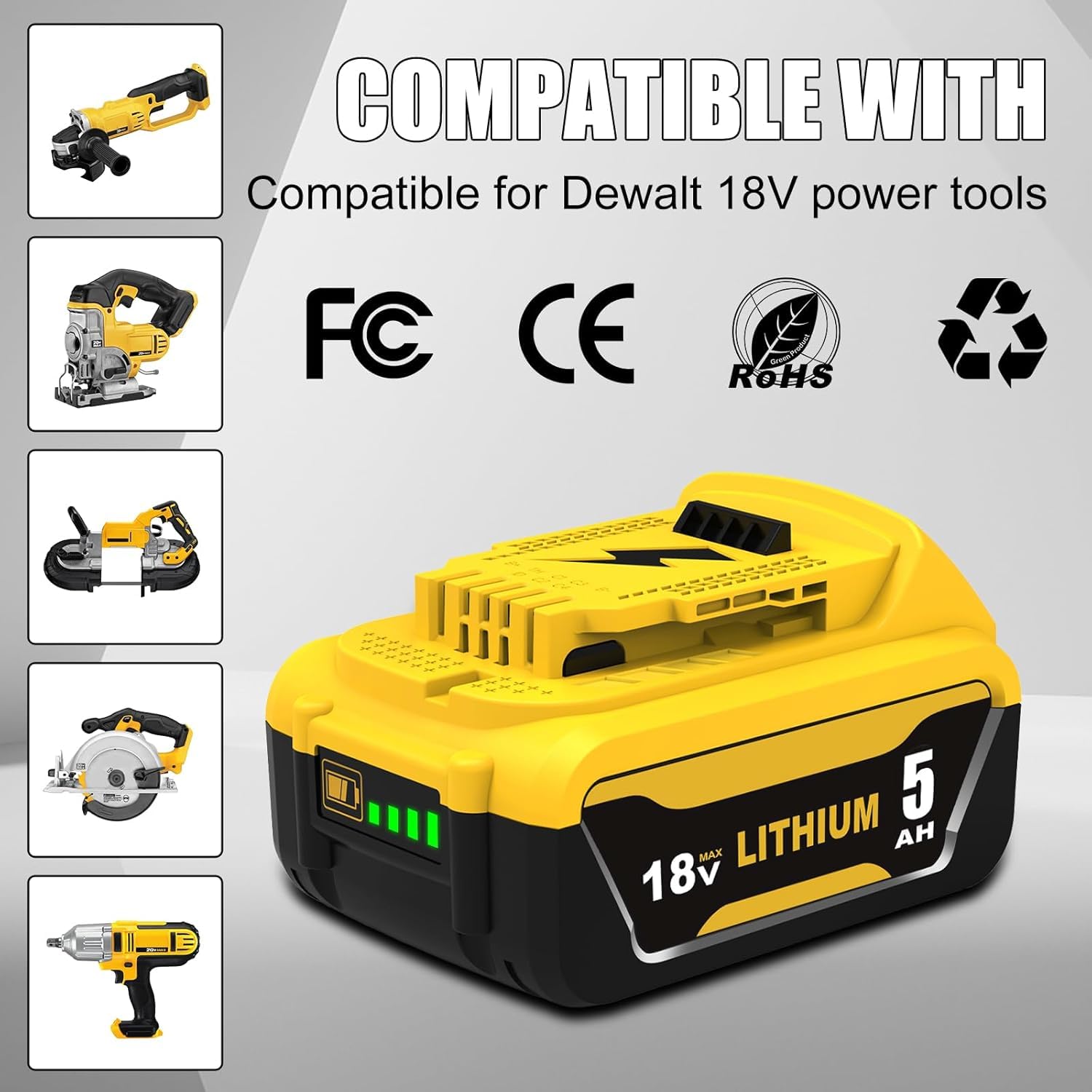 2 Piezas baterías de Repuesto de 18 V 5000 mAh para Dewalt DCB184, DCB183, DCB184B-XJ, DCB183-XJ, DCB182, DCB182-XJ, DCB181, DCB181-XJ, para Herramientas eléctricas con indicador LED
