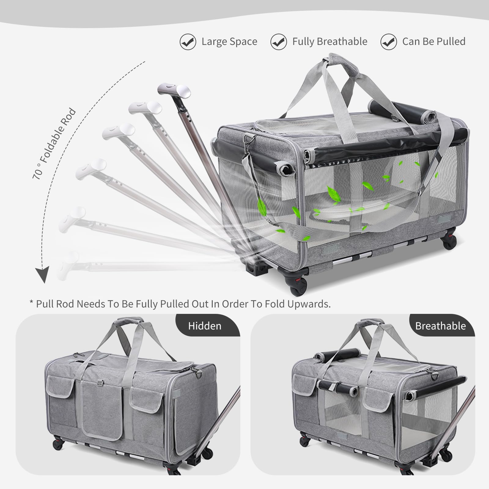 PETCUTE Trasportino per Gatti Cani con Ruote,Borsa da Viaggio Portatile per Animali Domestici con Manico Telescopico,Traspirante Pieghevole Trasportino per Cani con Cintura di Sicurezza Integrata
