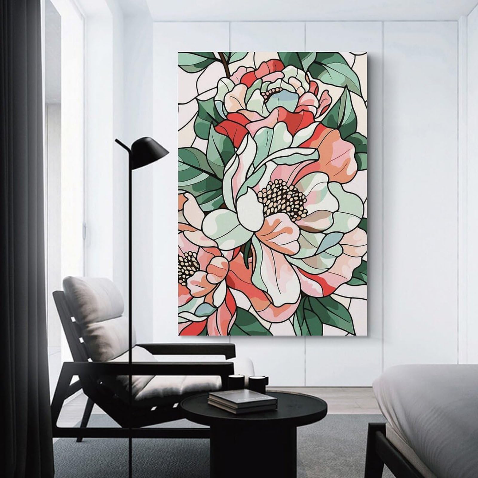 Junmoney Stained Glass Floral Pattern Canvas Wall Picture, 16x24inch(40x60cm), for Wall Displays, Bedrooms Or Room Updates, Wall Decor Suited to Curated Displays