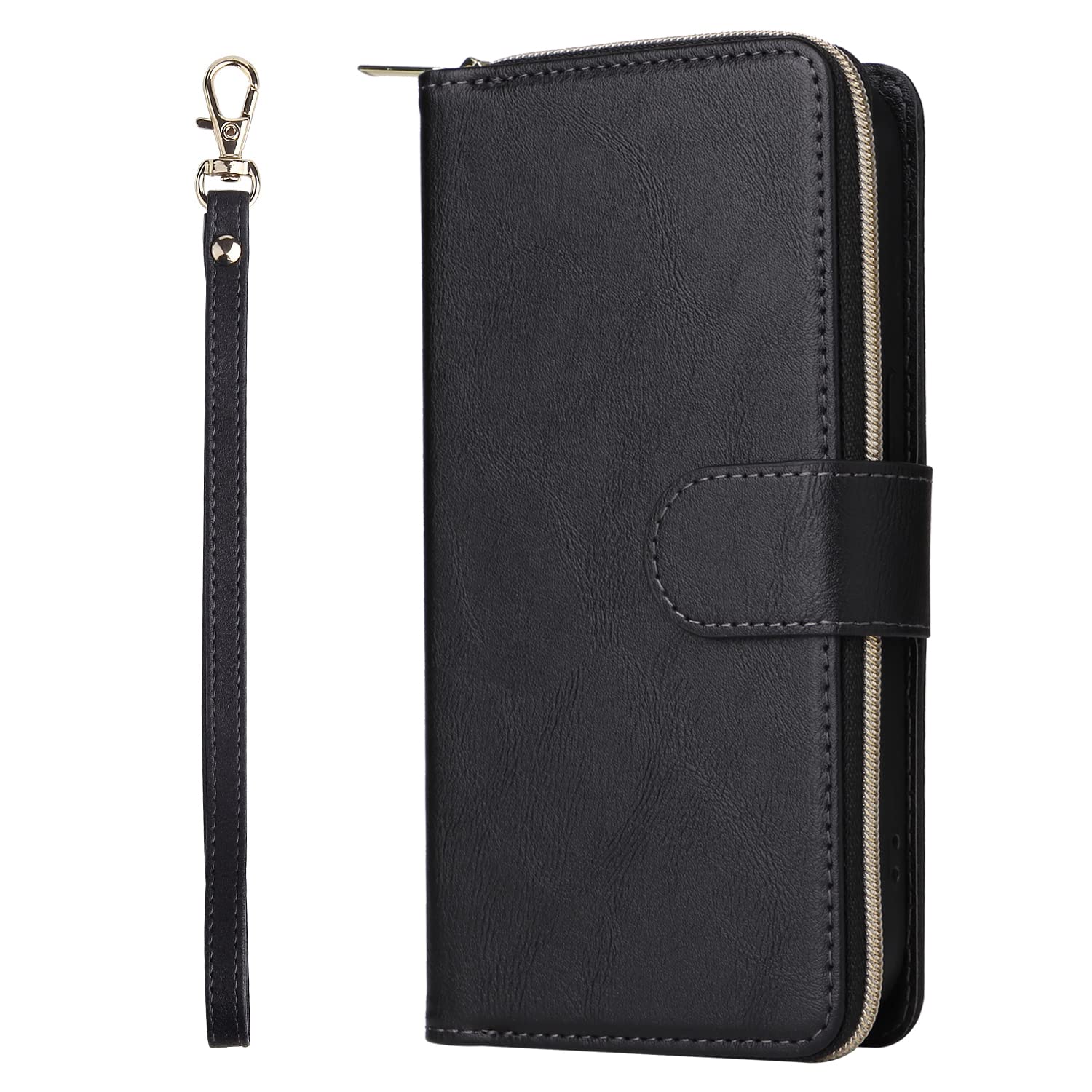 Unichthy For iPhone 16 Case 9 Card Holder Zipper Bag with Strap Shockproof Leather Flip Wallet Handbag Zip Pocket Phone Cover Stand Folio Magnetic Purse for iPhone 16 Black - Image 2