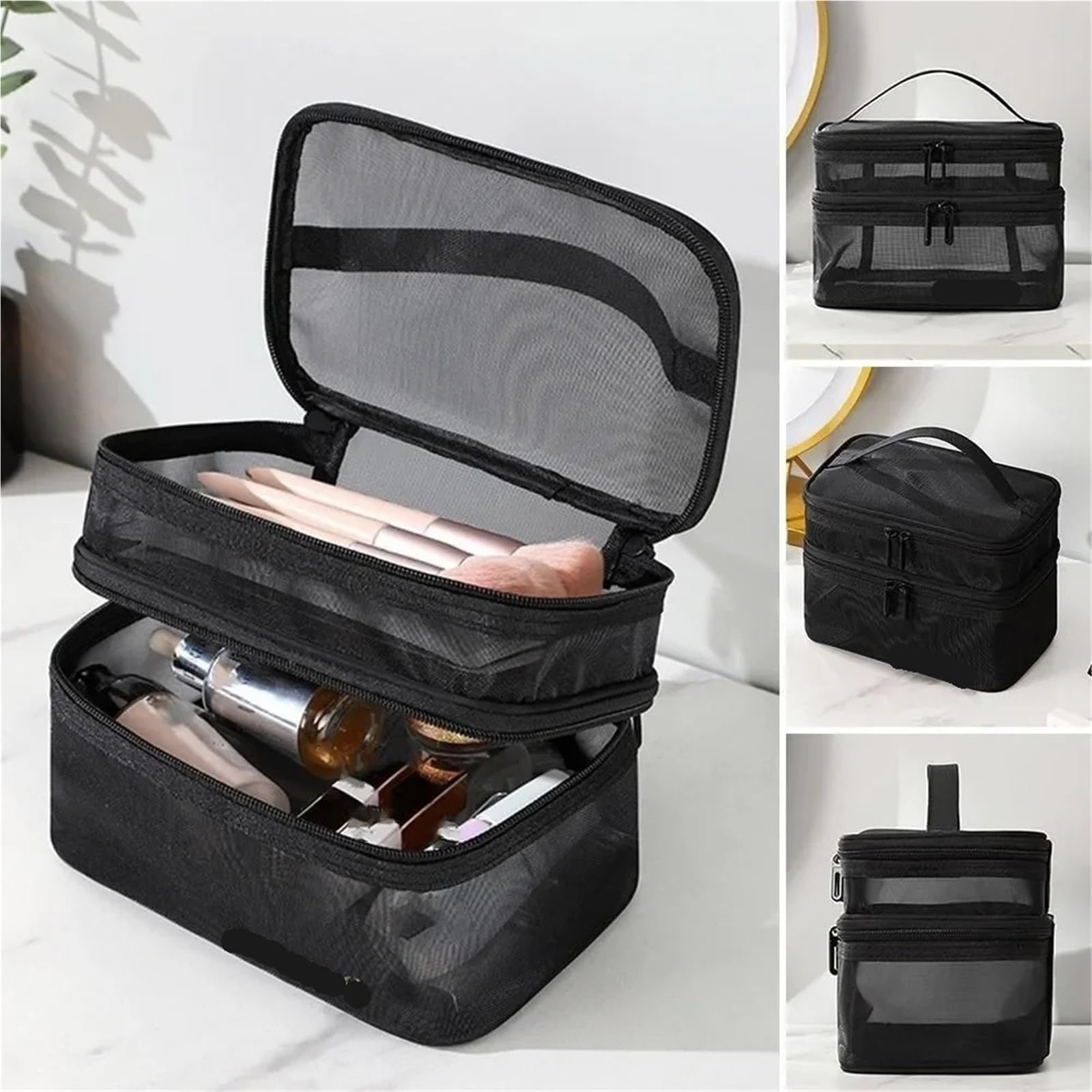 Bolsa organizadora de cosméticos Viaje, Bolsa Almacenamiento con Cremallera Malla Plegable Transparente, Kit Lavado Maquillaje Gran Capacidad, 1 Uds para Viajar(Black)