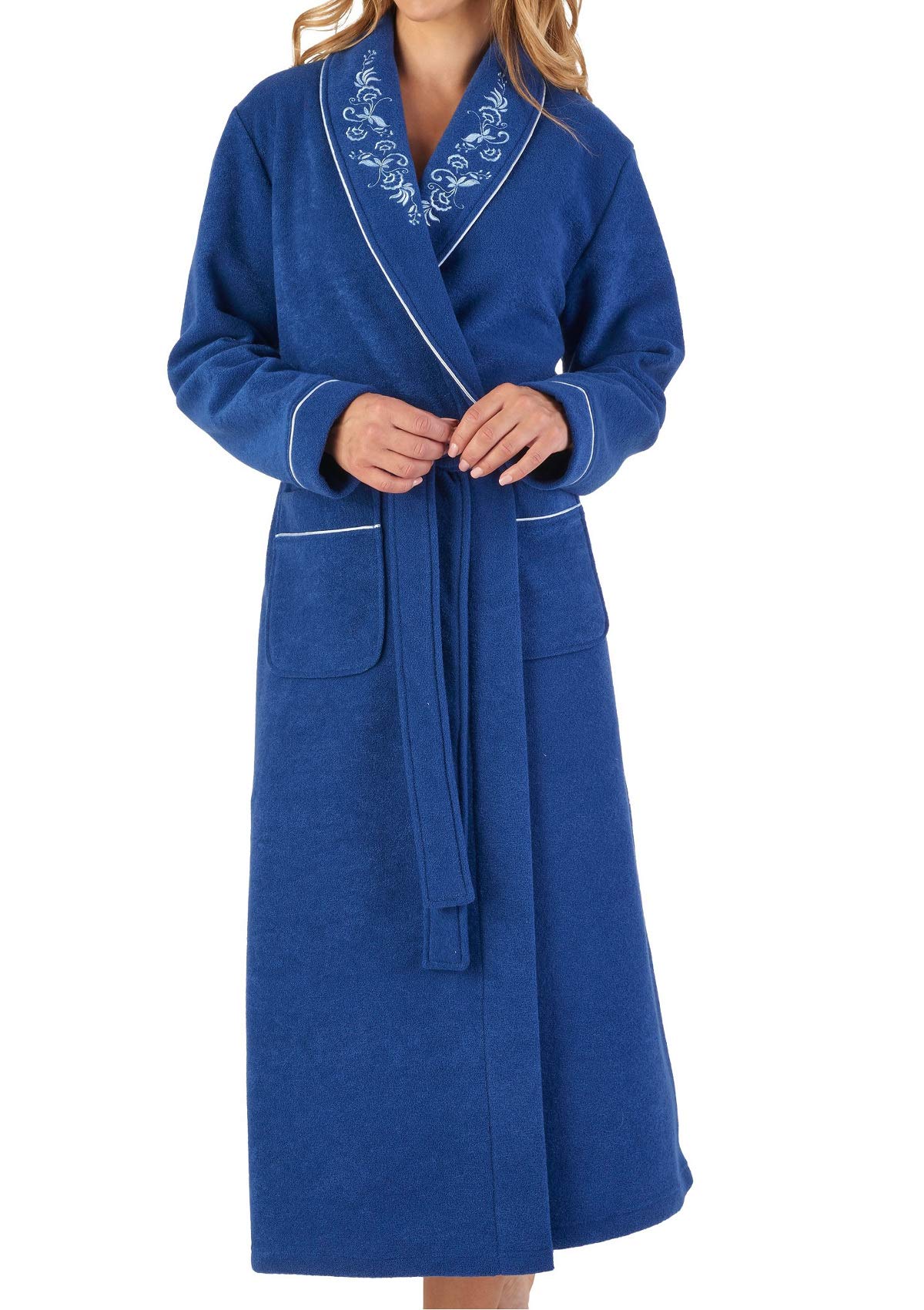 Slenderella Womens Shawl Collar Dressing Gown Boucle Fleece Embroidered Housecoat XXL (Navy)