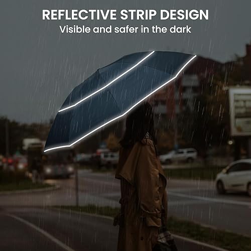 Miniatura 2 de G4Free Paraguas invertido resistente al viento de 62 pulgadas con rayas reflectantes, paraguas grande y compacto de golf para lluvia, 10 varillas,