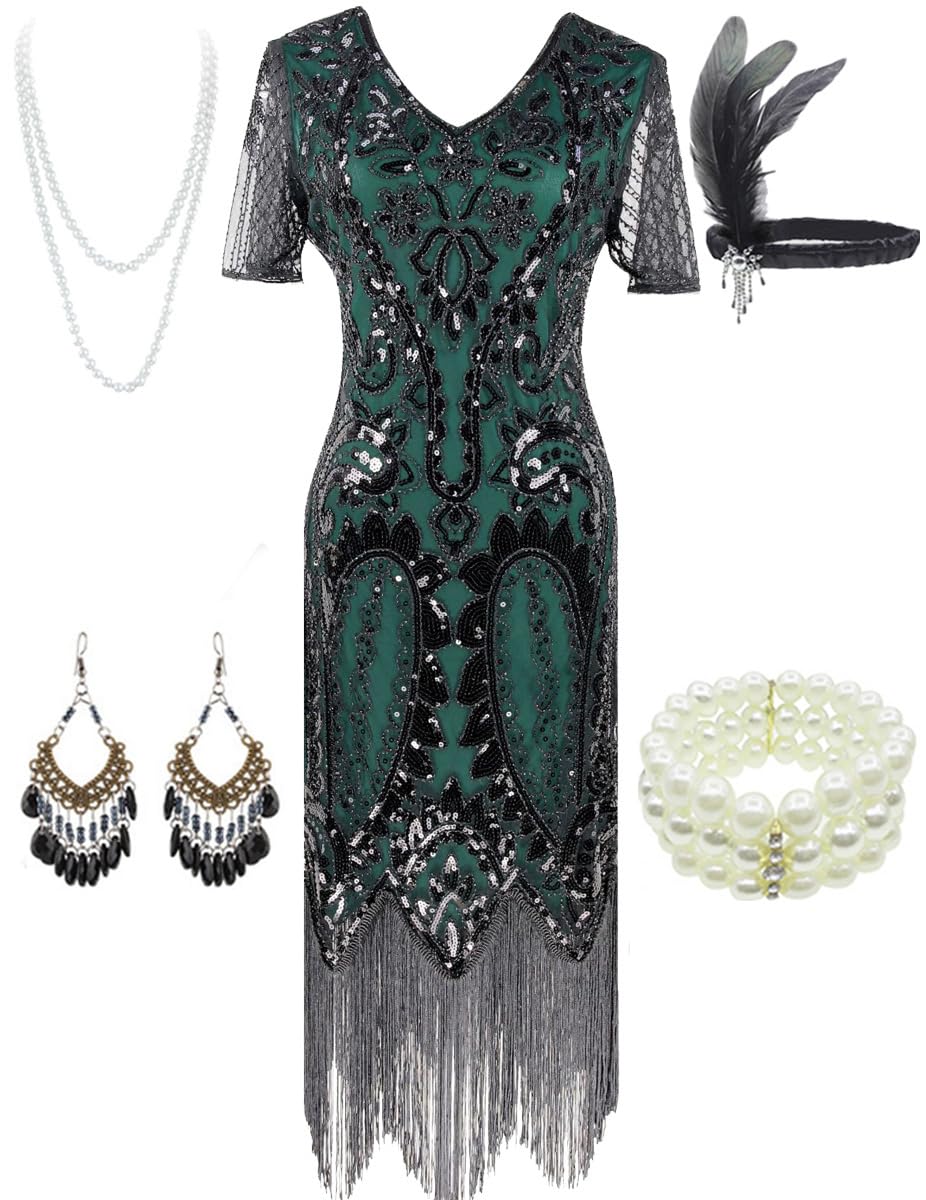 Women's 1920s Gatsby Inspired Sequin Beads Long Fringe Flapper Dress w/Accessories Set