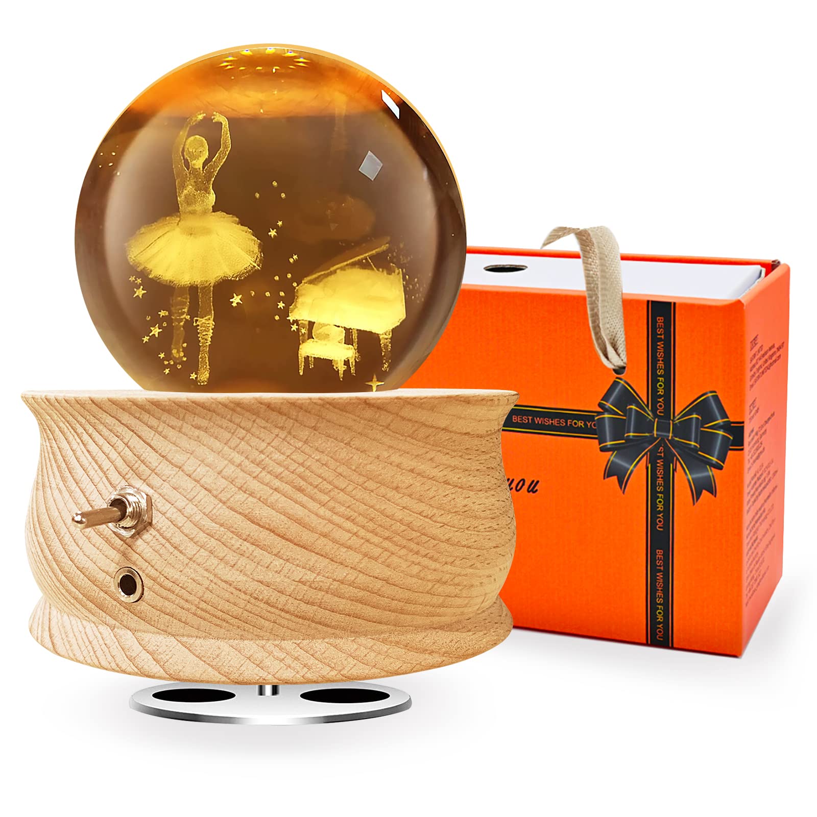 Wholede Carillon in Legno con Sfera di Cristallo Rotante a 360°, Funzione di Proiezione di Luce Calda, Musica Rilassante, Lampada a LED, Idea Regalo da Donna, per Il Compleanno e la Festa della Mamma