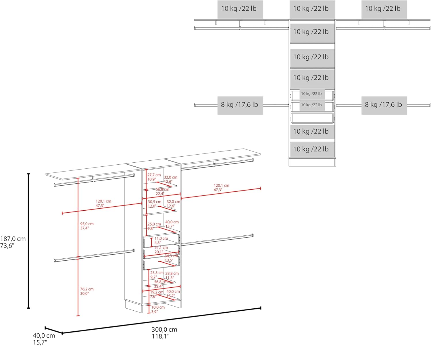Plego Modular Closet System with Three Drawers, Five Shelves and Four Hanging Rods, Adjustable Wardrobe Organizer for 69" to 118" Spaces, Configurable Closet Storage System for Bedroom