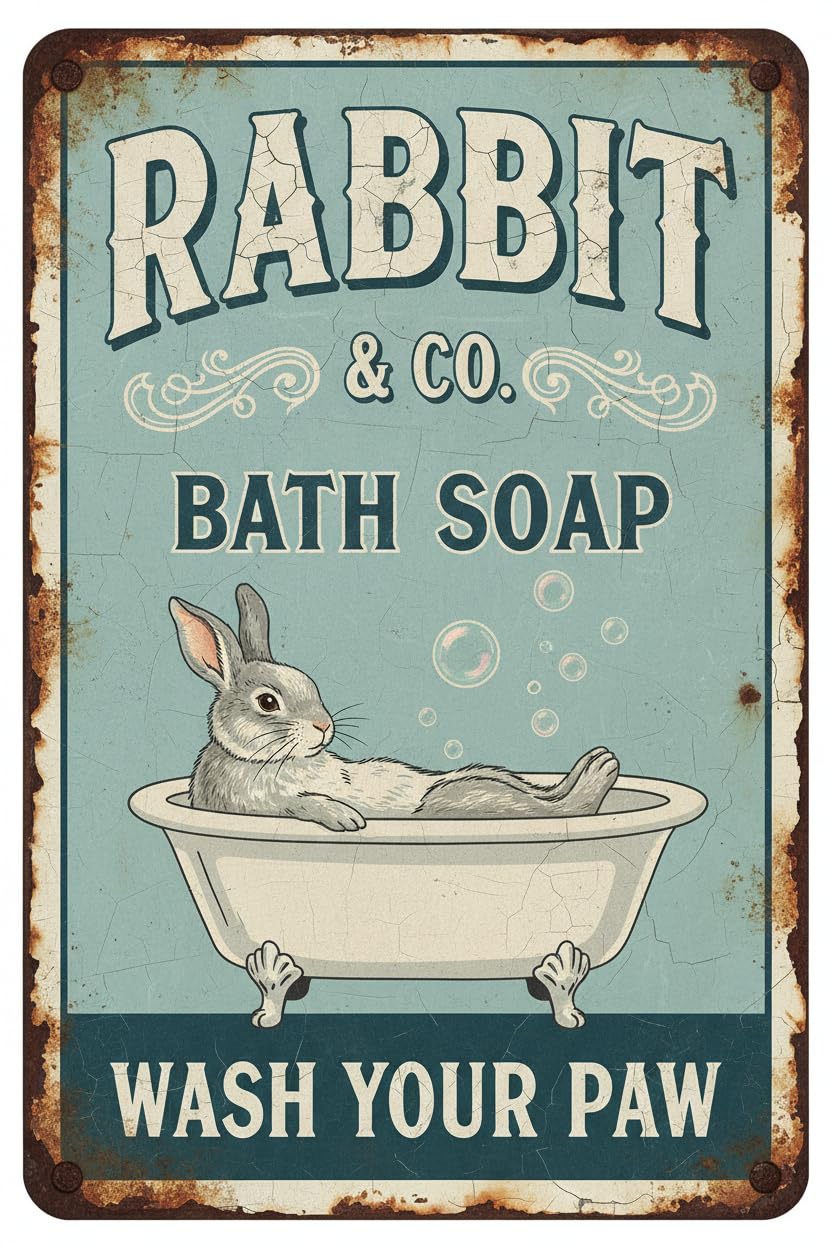 Rabbit Wash Your Paws Bathroom Tin Sign, 12x8 Inch