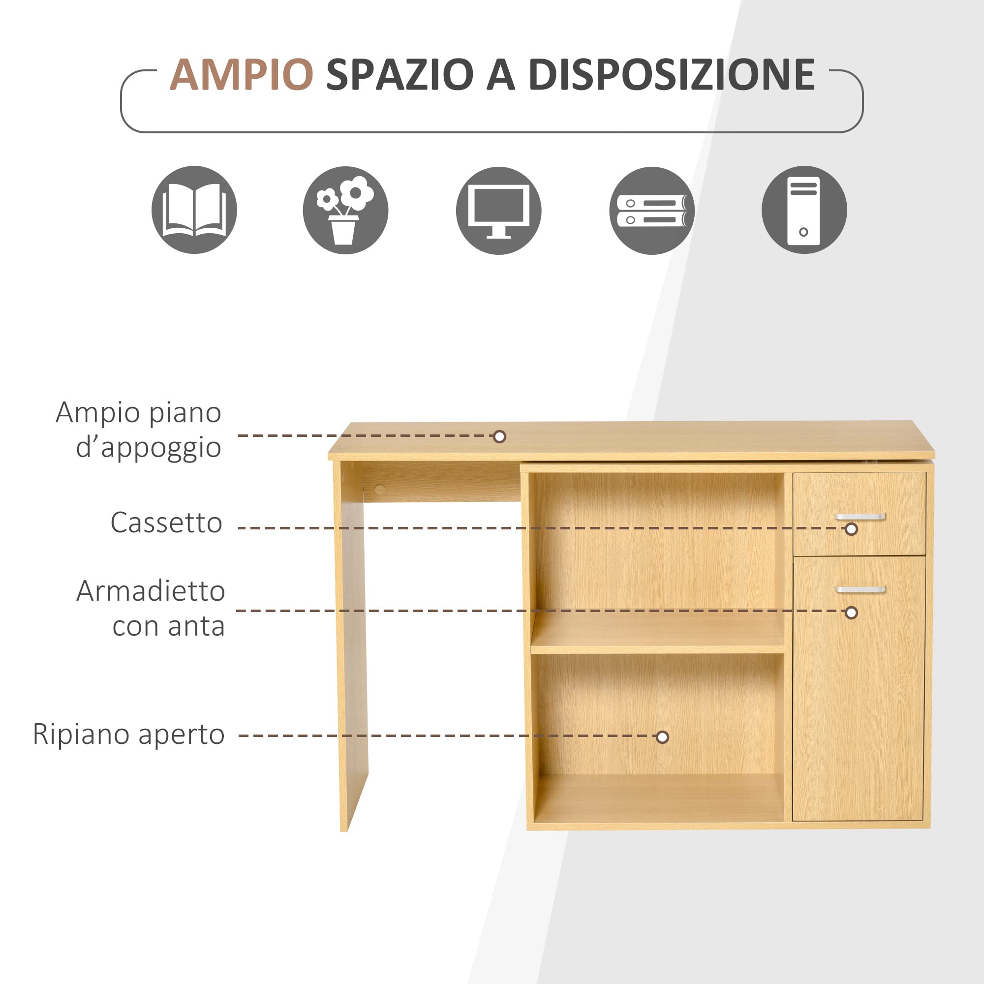 HOMCOM Scrivania Angolare per Studio 2 Cassetti 117x82x74cm Rovere Legno | per Ufficio, 2 Ripiani, Scrivania Moderna
