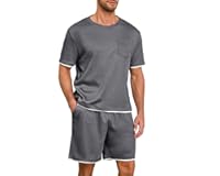 Mens Pajamas Set Waffle Crew Neck Loungewear Cozy Sleepwear Short Sleeve Top and Long Pants Pj Set with Pockets
