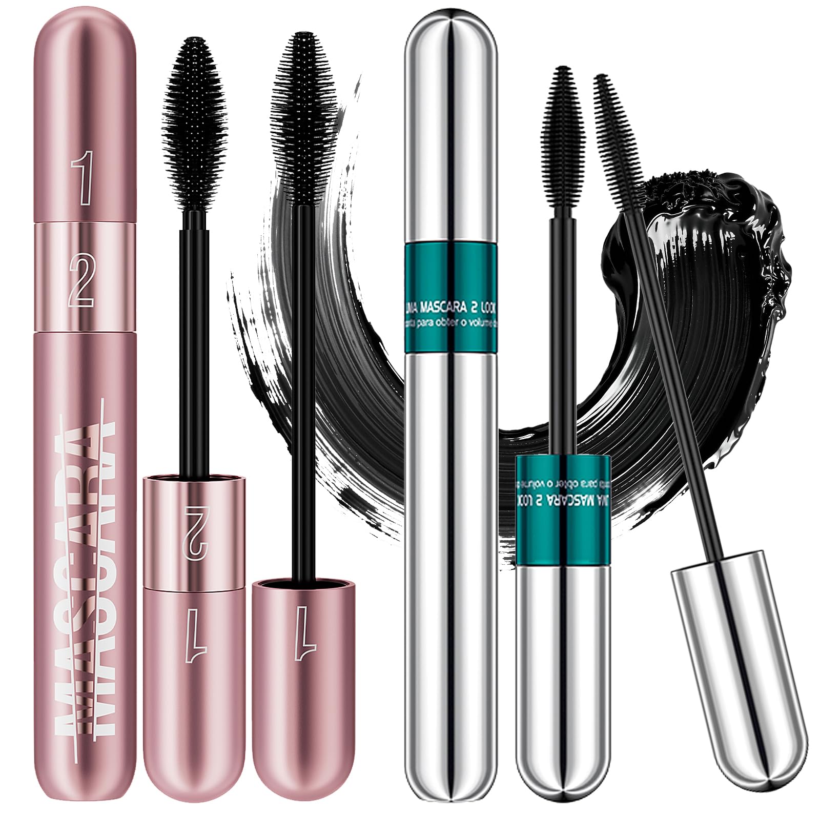 2Pcs 2In1 4D Silk Fiber Mascara,5X Lengthening Long Lasting Washable-Black