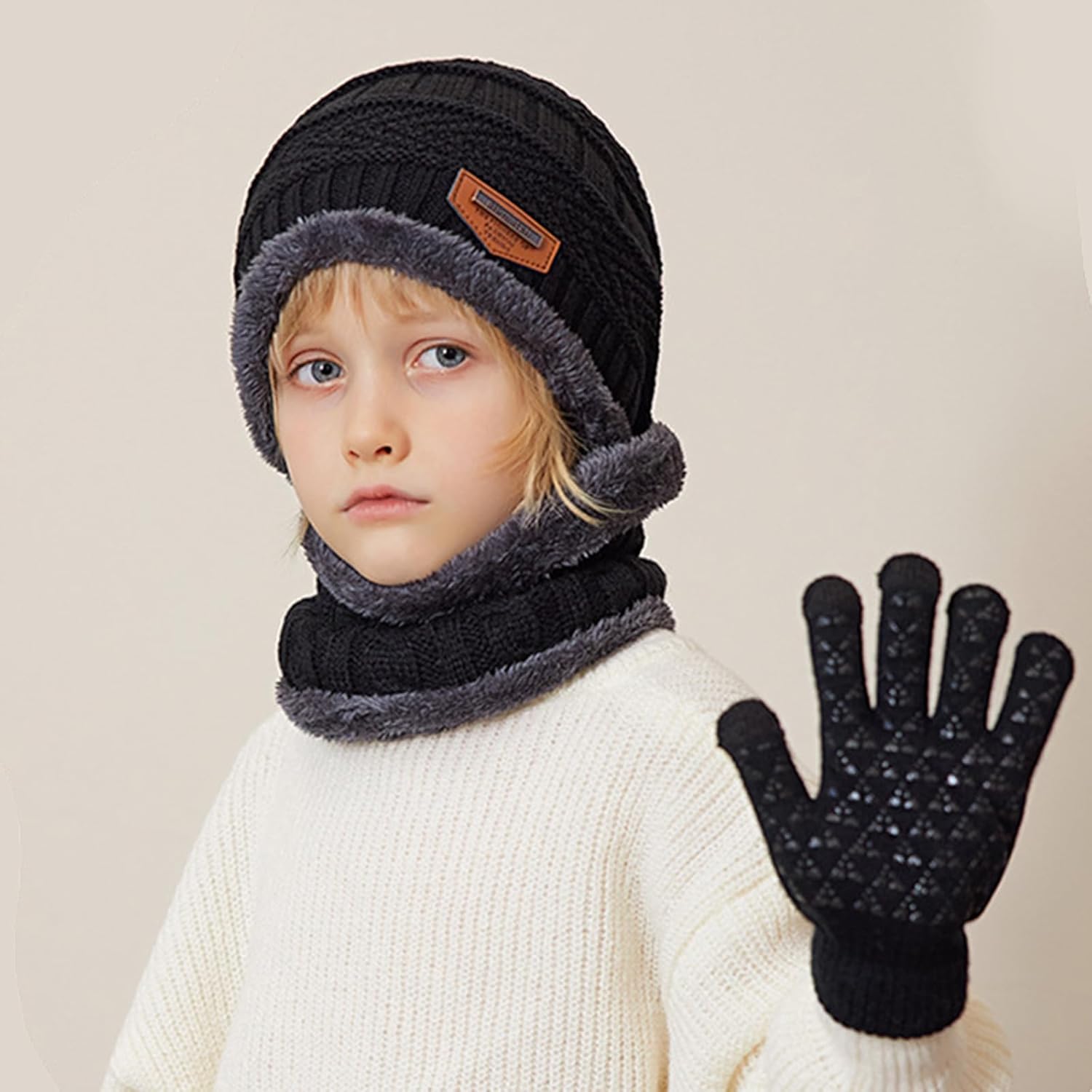 Kids Winter Hat Scarf Gloves Set, Warm Knit Beanie Cap Mitten Gloves Neck Scarves for 5-12 Years Old - Image 2