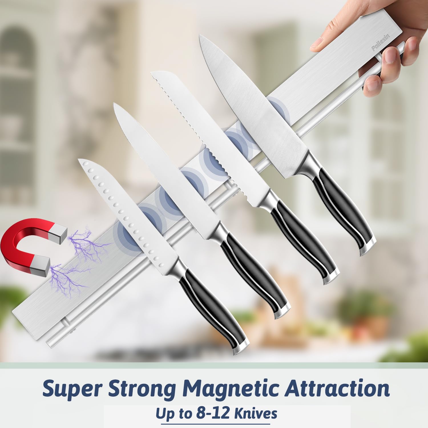 Magnetischer Messerhalter für die Wand, Edelstahl, Magnet-Messerleiste, ohne Bohren, mit 15 Haken/Klebeband/Schrauben, Küchenutensilienhalter, magnetischer Messer-Organizer, Wandmontage,
