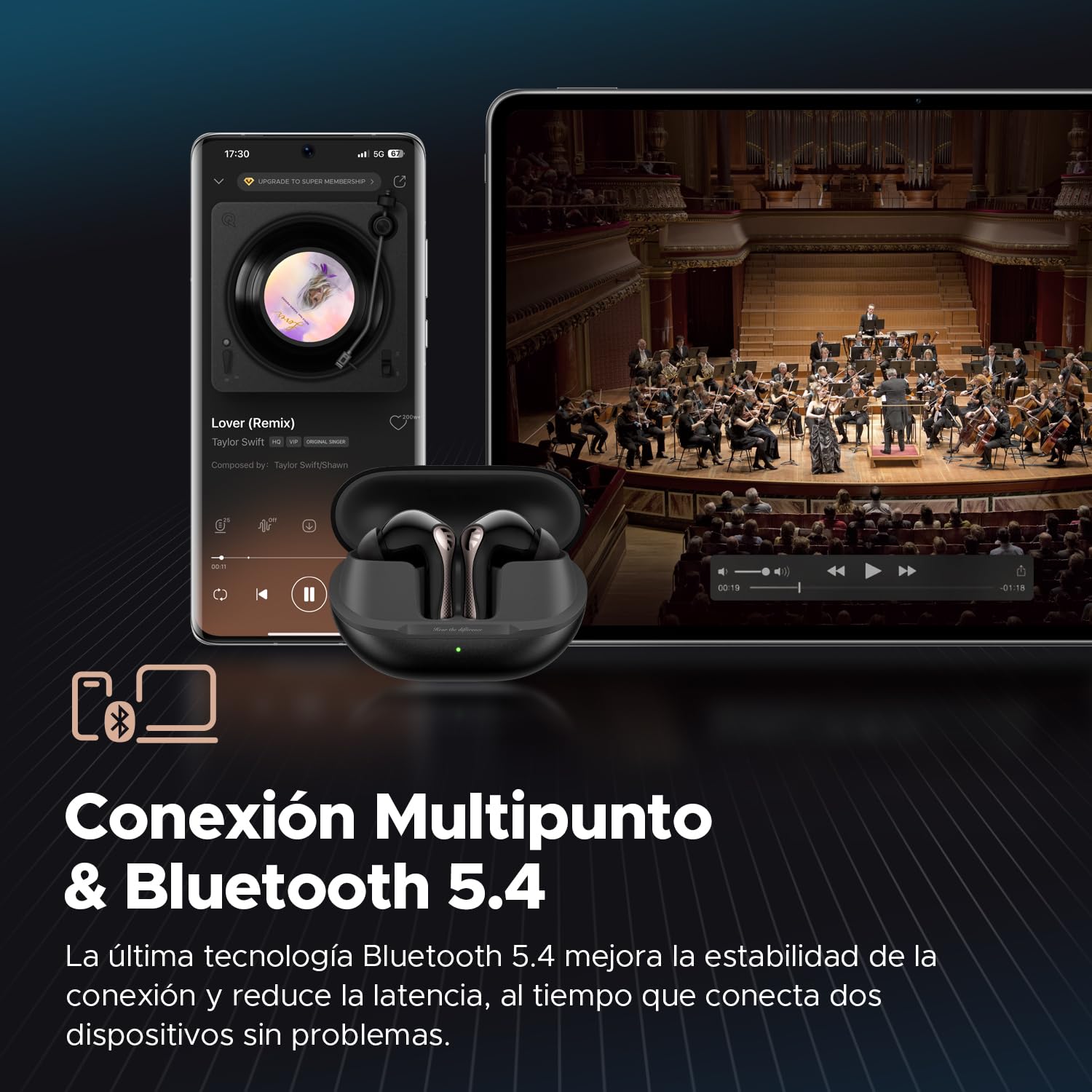 SoundPEATS Auriculares Bluetooth Air5 Pro con LDAC y aptX Lossless, Hi-Res Audio, Bluetooth 5.4, ANC Híbrido de 55 dB, 6 Mics, Multipunto, 37 Horas de Reproducción, IPX5, Control Mediante Aplicación