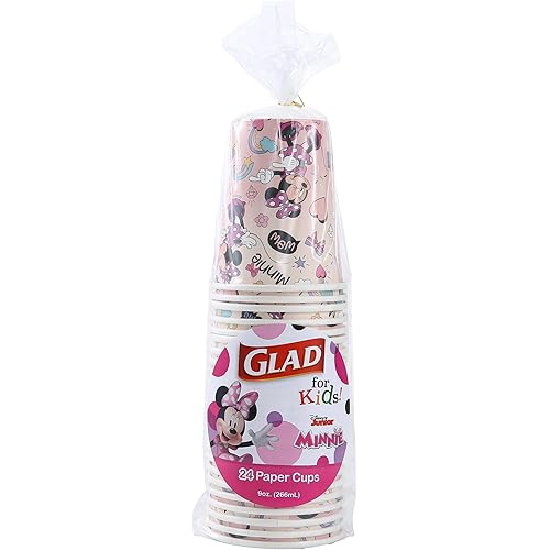 Glad for Kids Disney Mickey & Friends 9oz Paper Cups with Minnie Mouse Pink Polka Dots Design, 24 Count | Pink Polka Dot Mickey & Friends Paper Cups for Everyday Use, Kids Cups